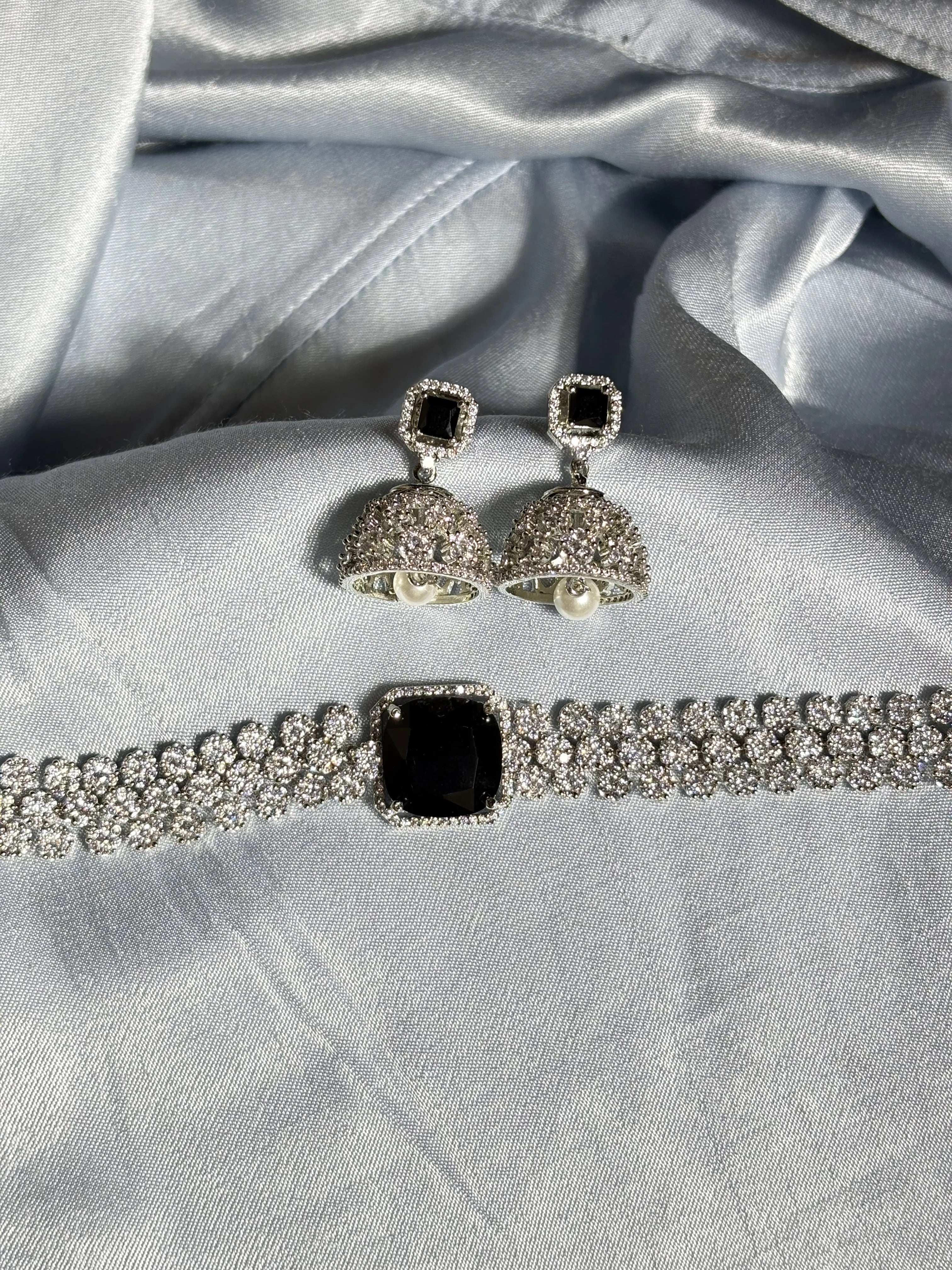 Elegant Black Stone Bracelet & Jhumka Set