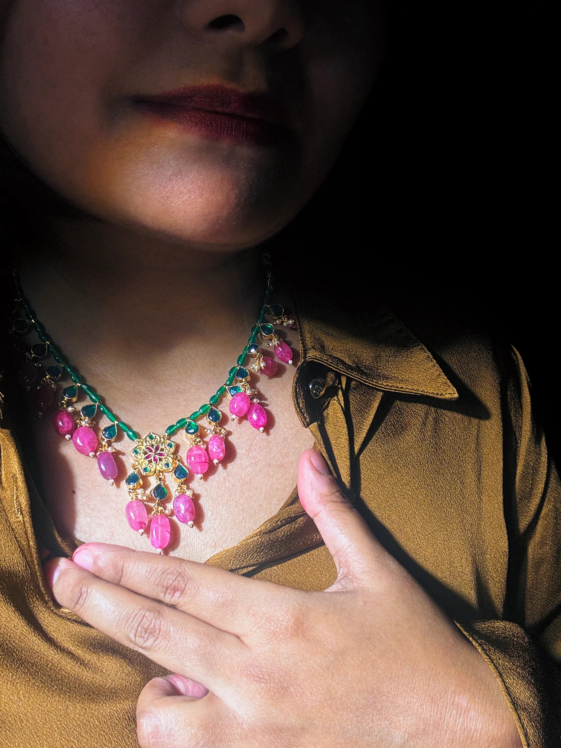 22 K Gold plated Paachi Kundan Necklace with Pink and Green beads