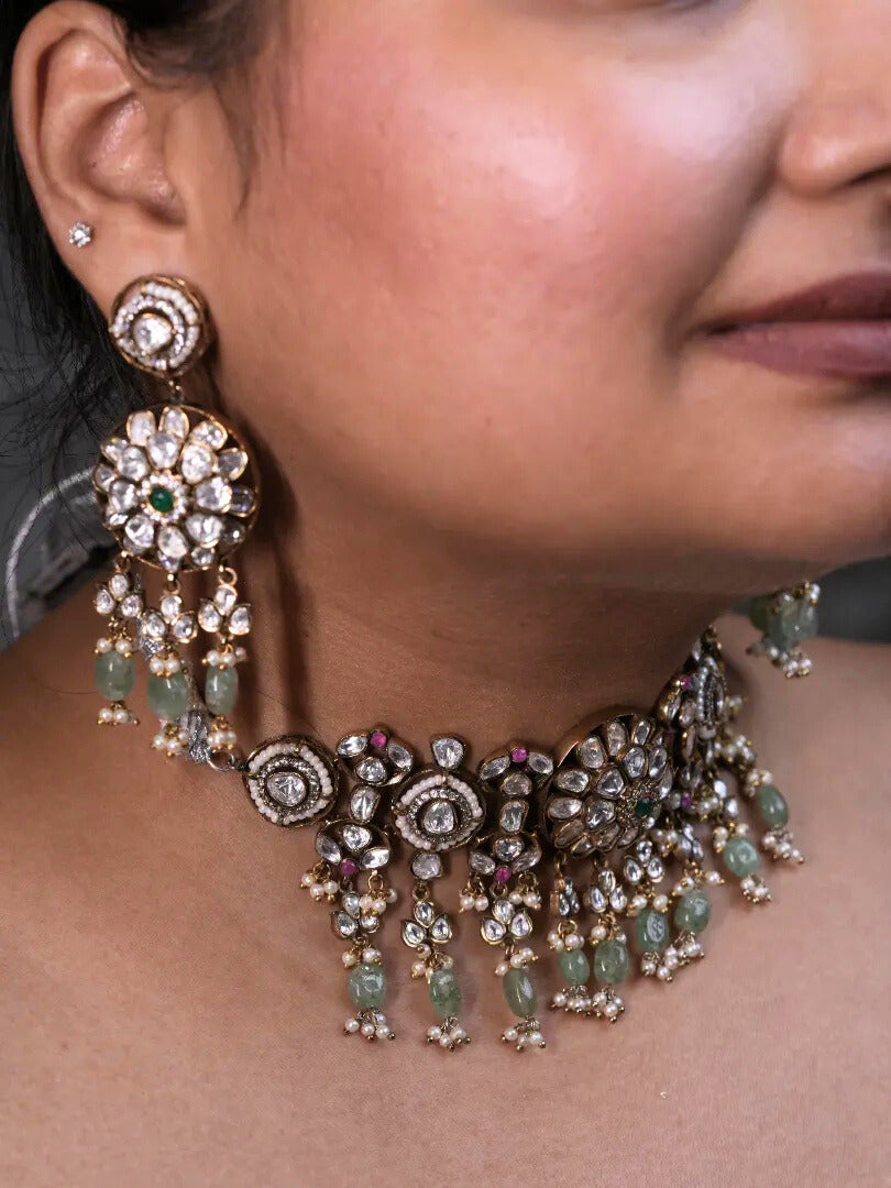 Mint and Pink Victorian Choker with Moissanite Stones With Flower Centrepiece