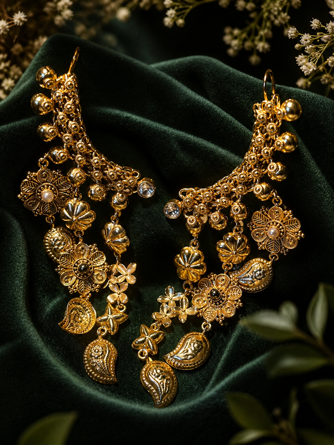 Gold earrings with intricate designs on a dark green fabric background