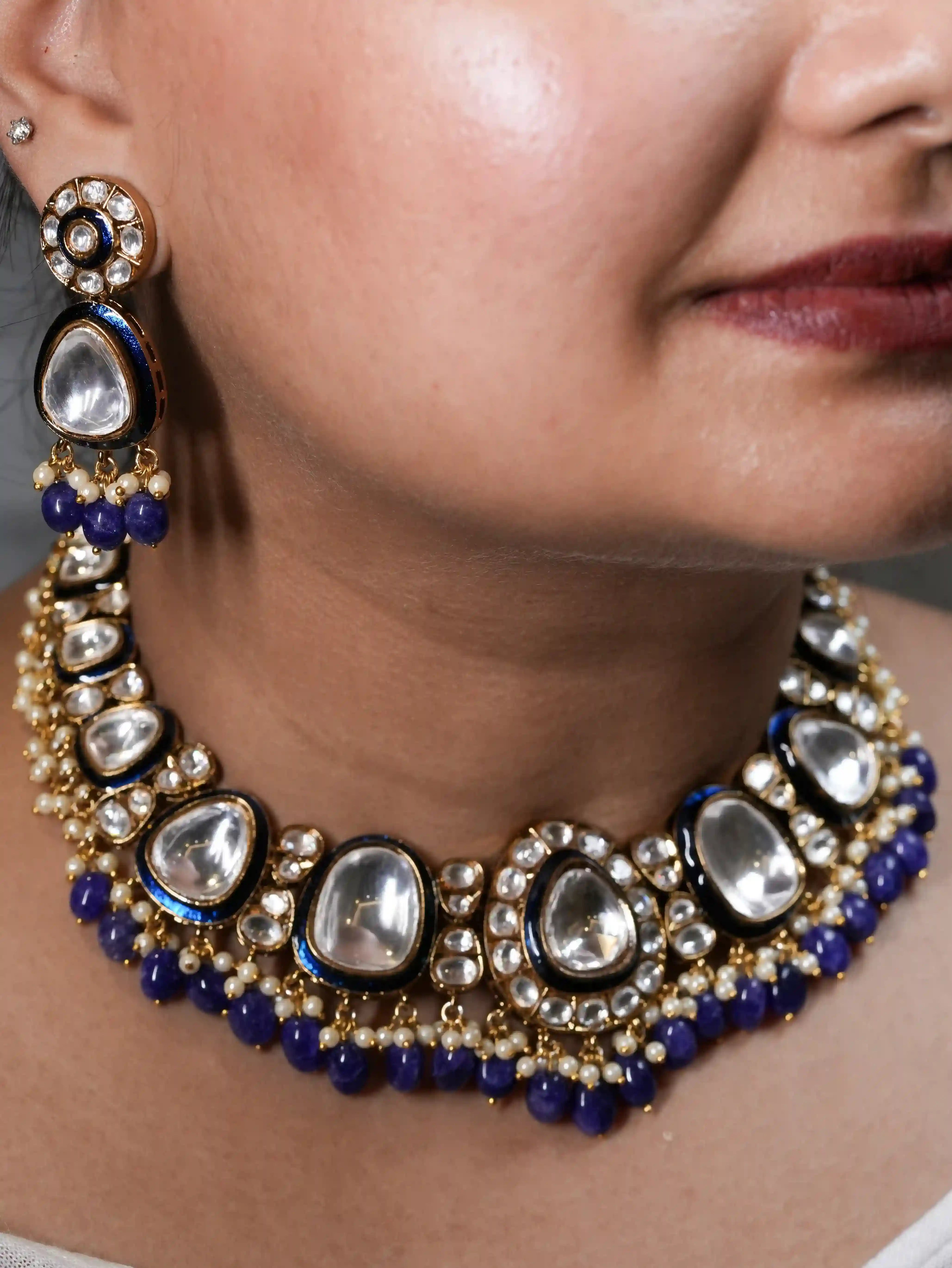 Gulnaar Blue Meenakari Uncut Kundan Set