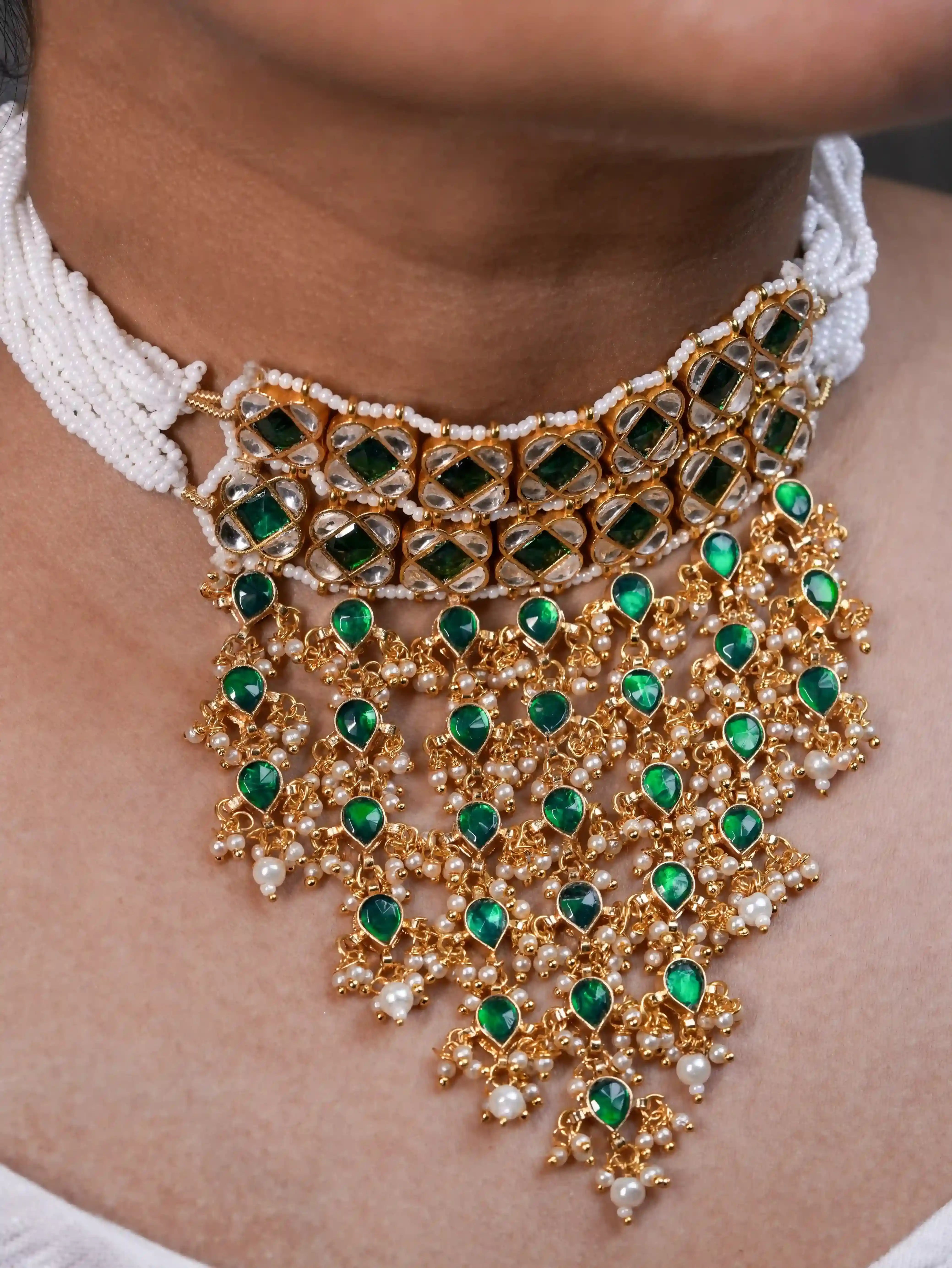Roohdaari Waterfall Necklace With Green Stones