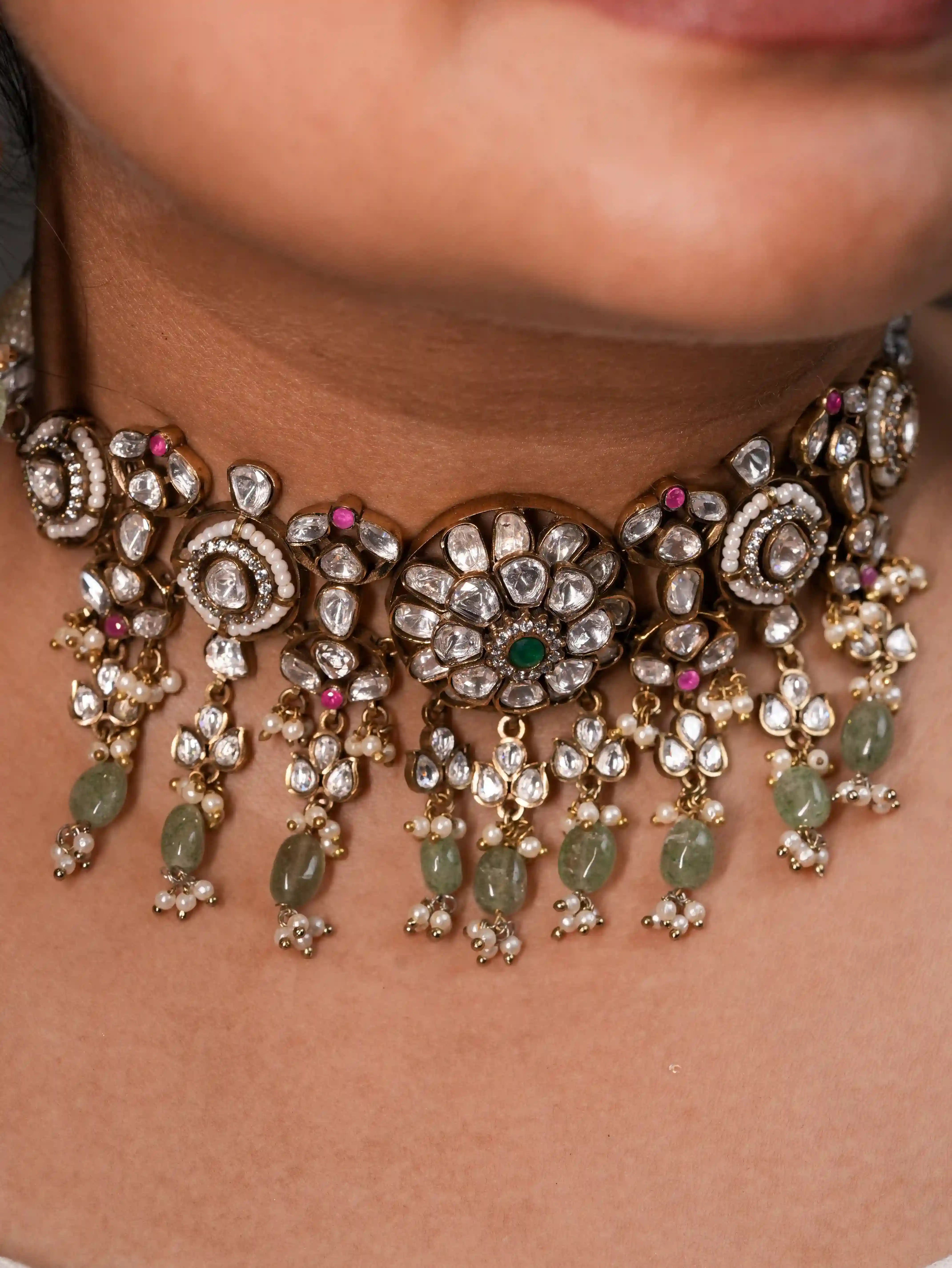 Mint and Pink Victorian Choker with Moissanite Stones With Flower Centrepiece