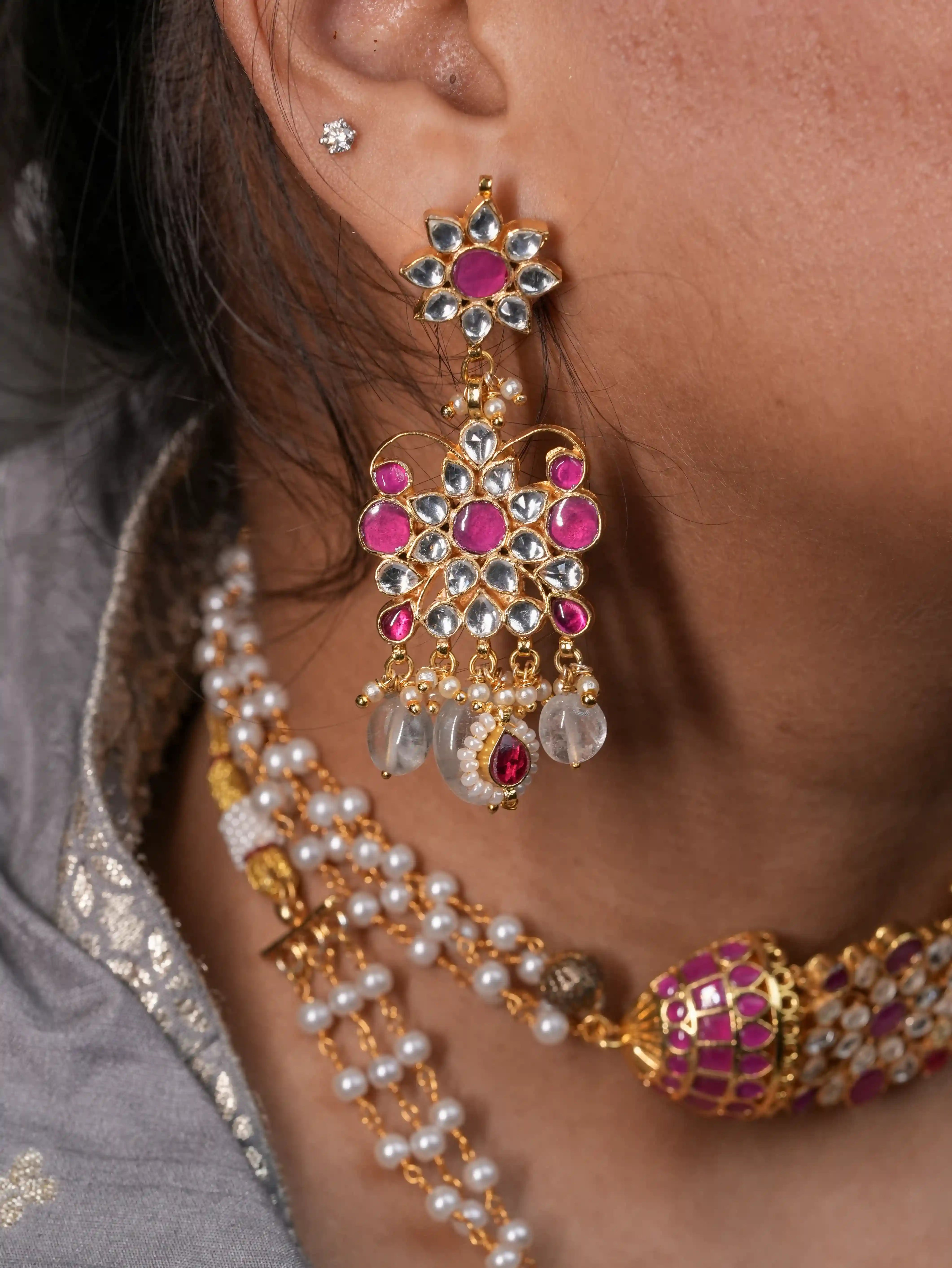 Paachi Kundan White and Red Semi Precious Two Layered Necklace