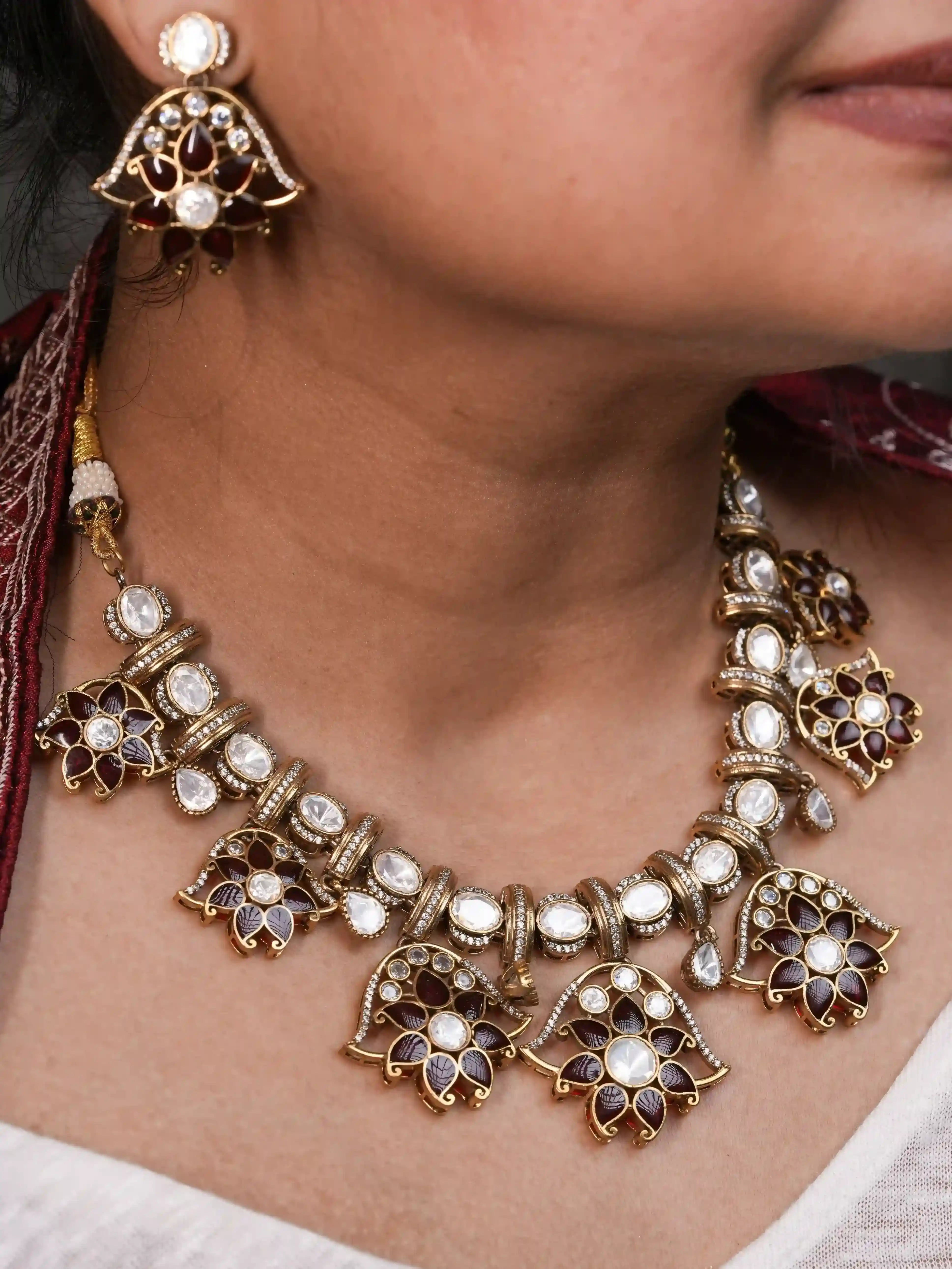 Maroon Flower Gold Plated Necklace