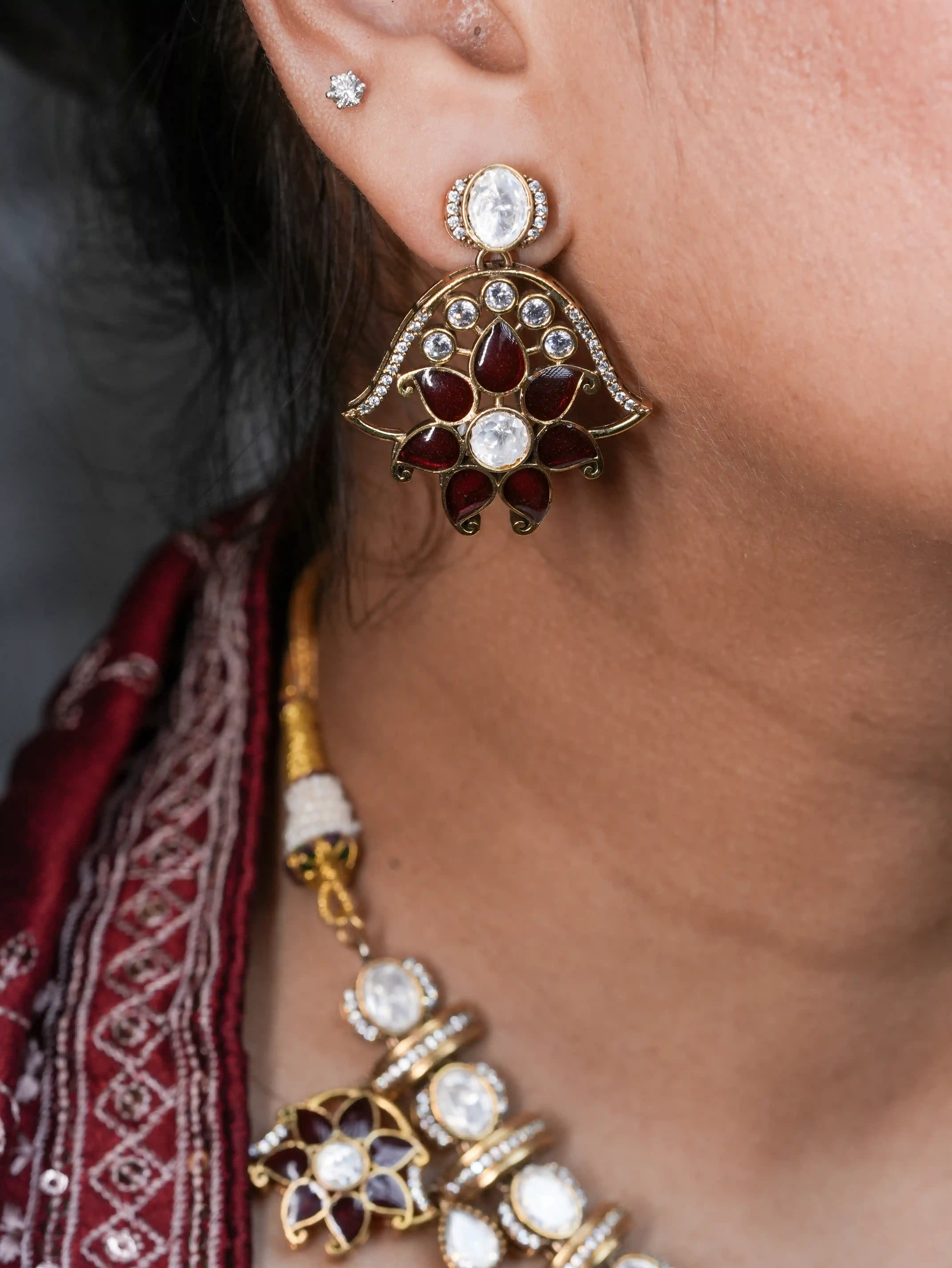 Maroon Flower Gold Plated Necklace