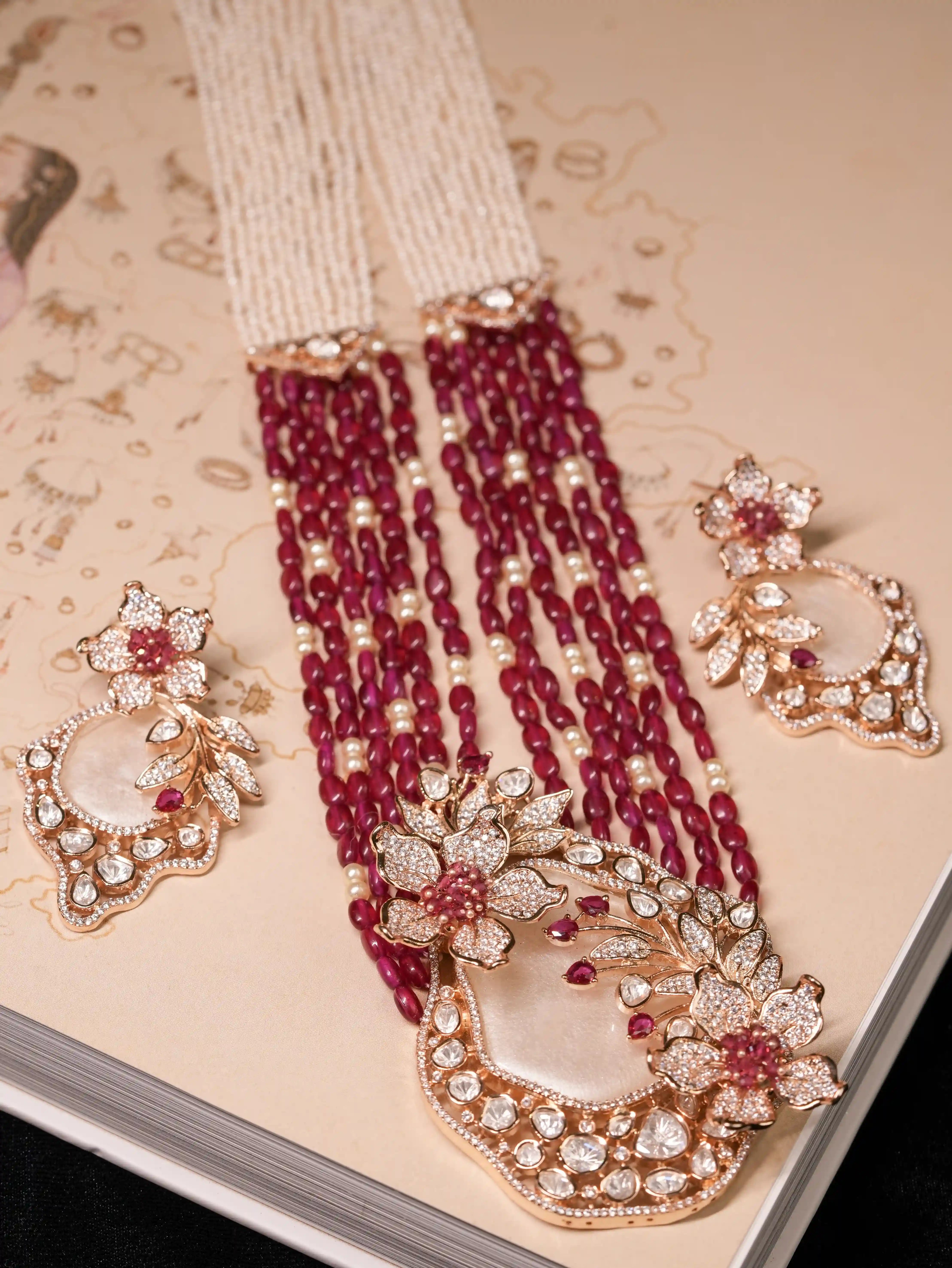 Mother Of Pearl Raani Haar With Ruby Hydro Beads