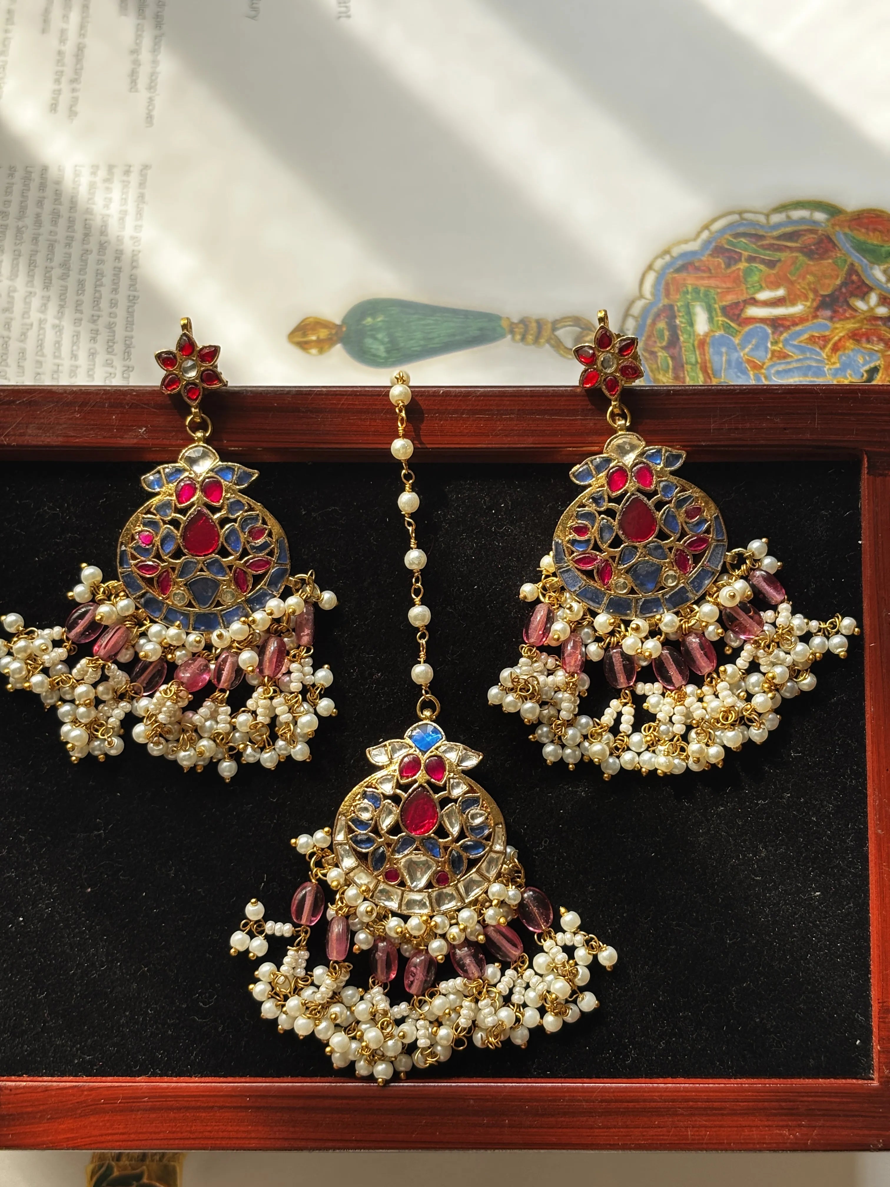 Elora Red and Blue Maangtikka and Earring Set