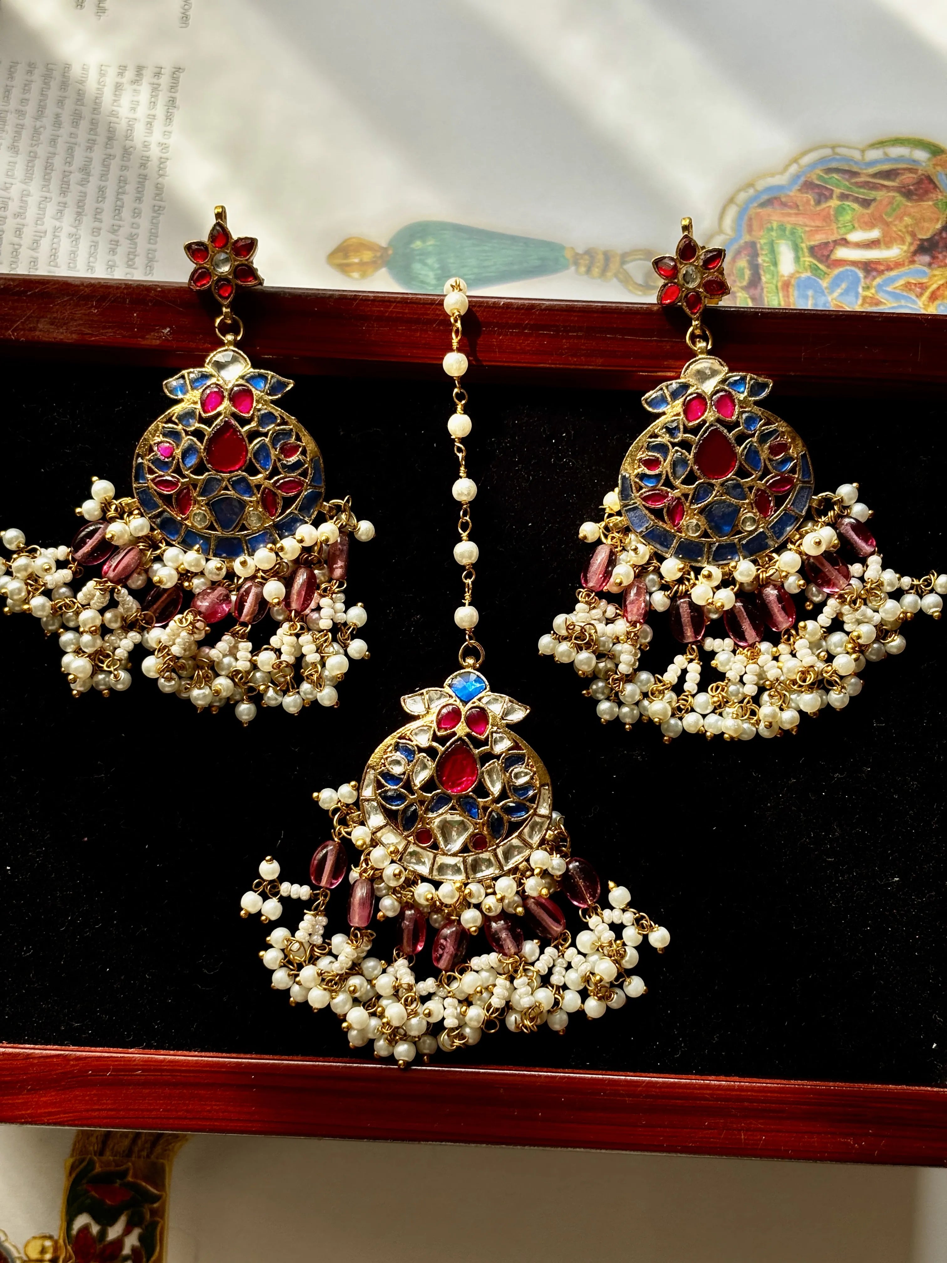 Elora Red and Blue Maangtikka and Earring Set