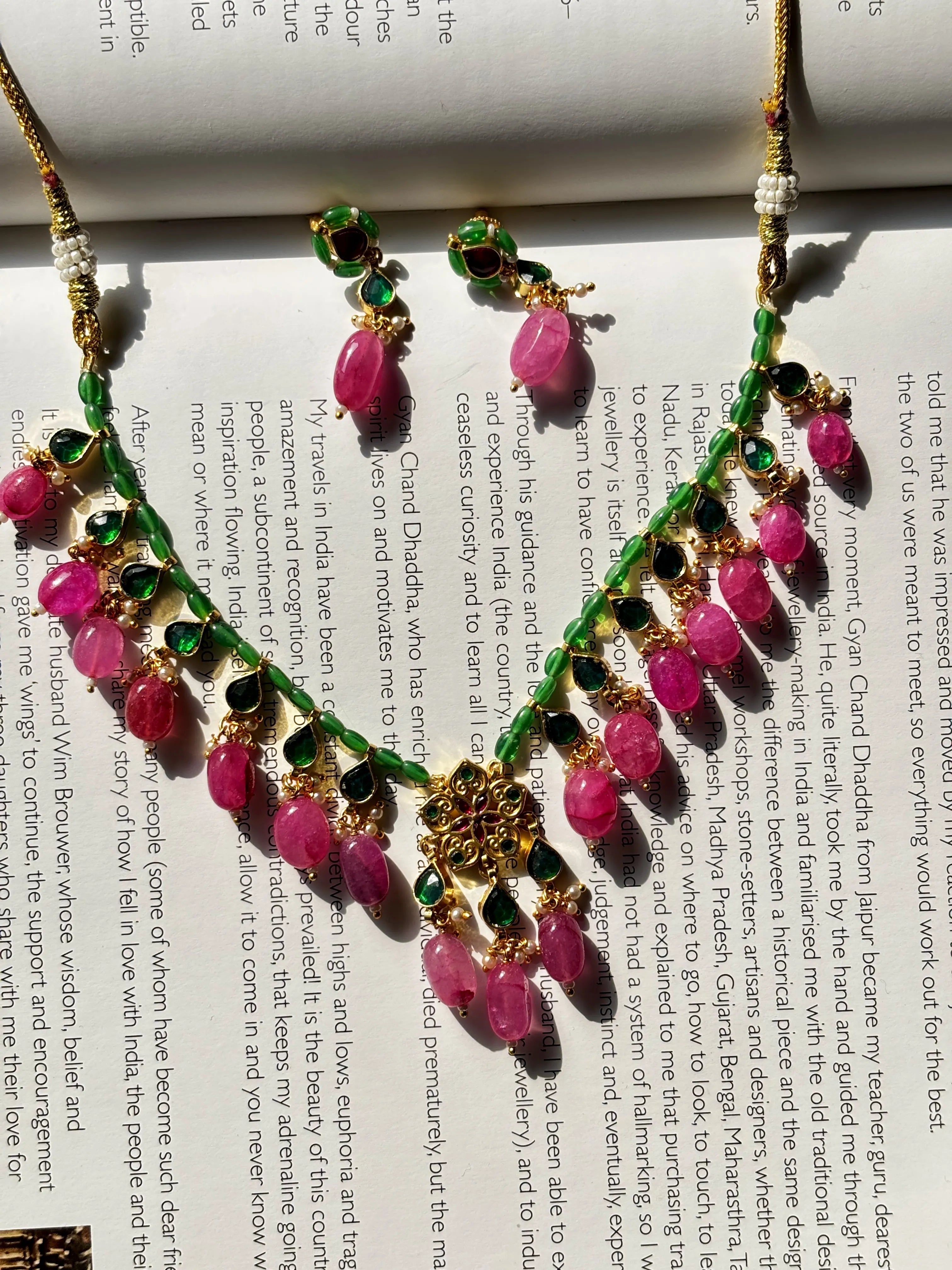 22 K Gold plated Paachi Kundan Necklace with Pink and Green beads