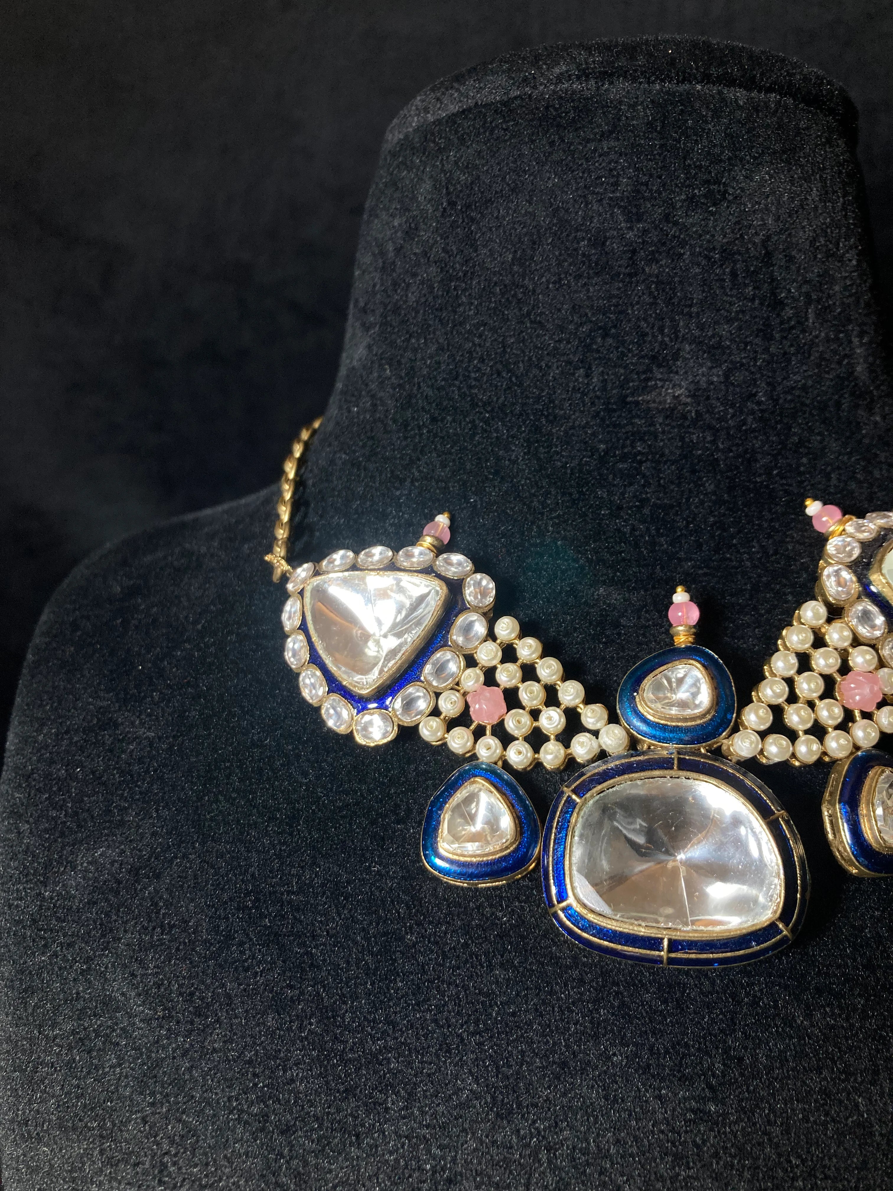Rubaroo Uncut Kundan Set With Blue Meenakari