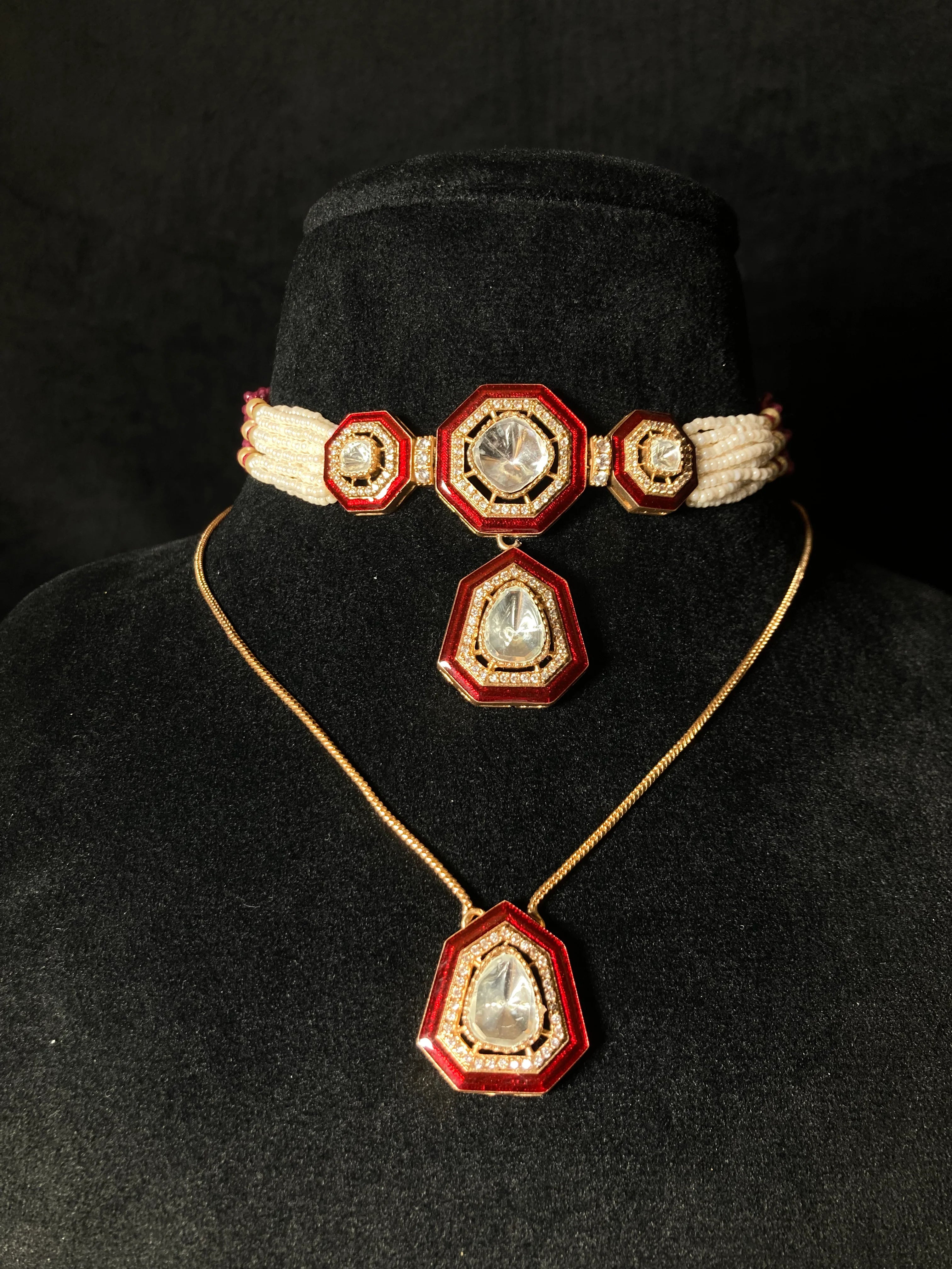 Double Layer Red Pendant Set With Moissanite Stones