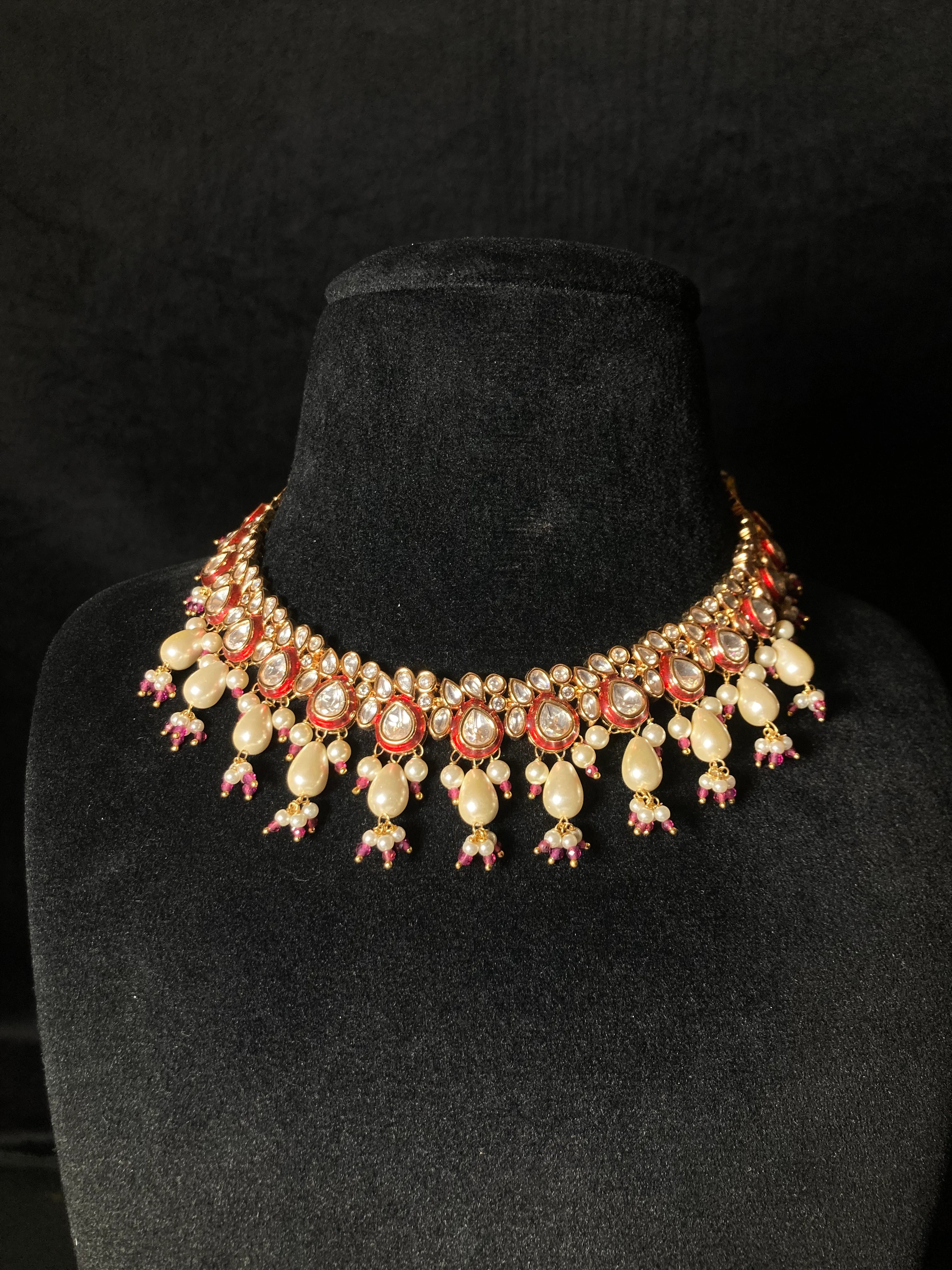 Red Meenakari Kundan set with White Hydro Pearl Droppings