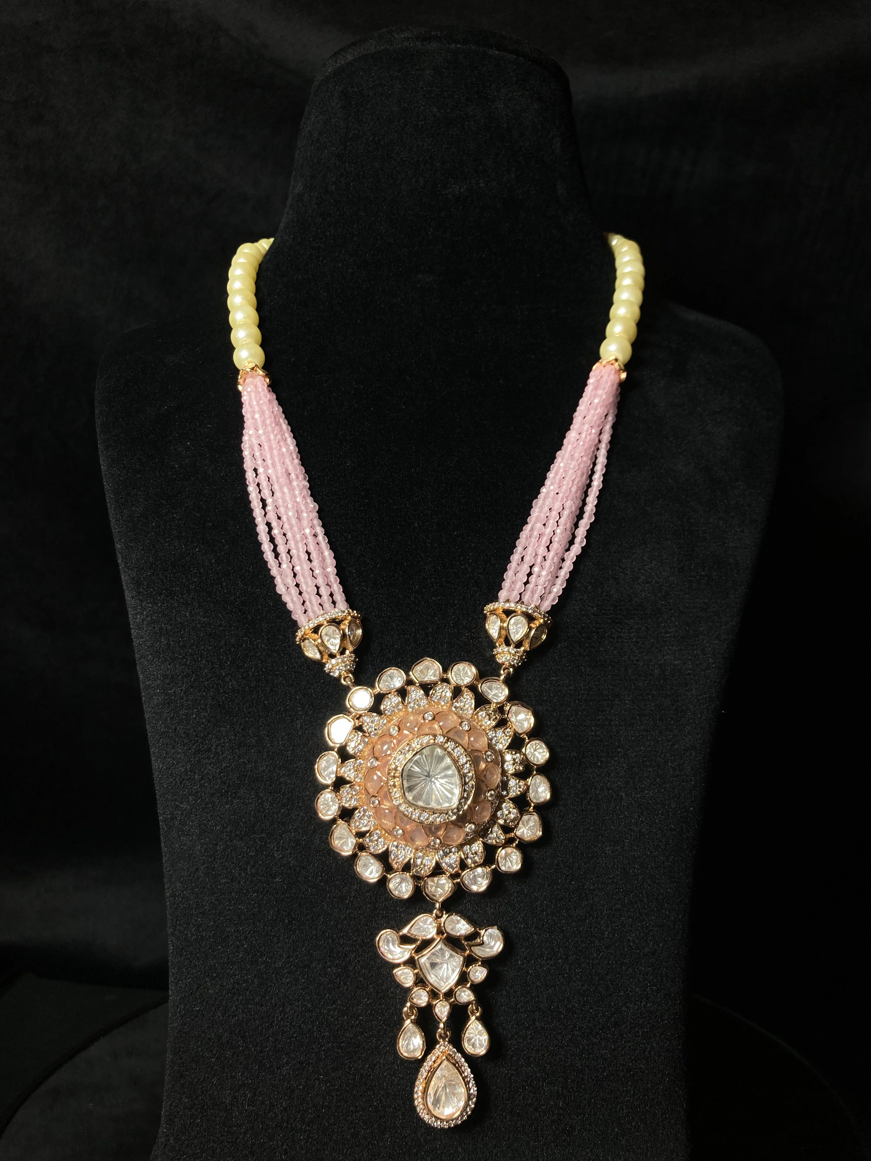 Pink Enameled Kundan Raani Haar with Round Centre Pendant with Pearl Drawstrings