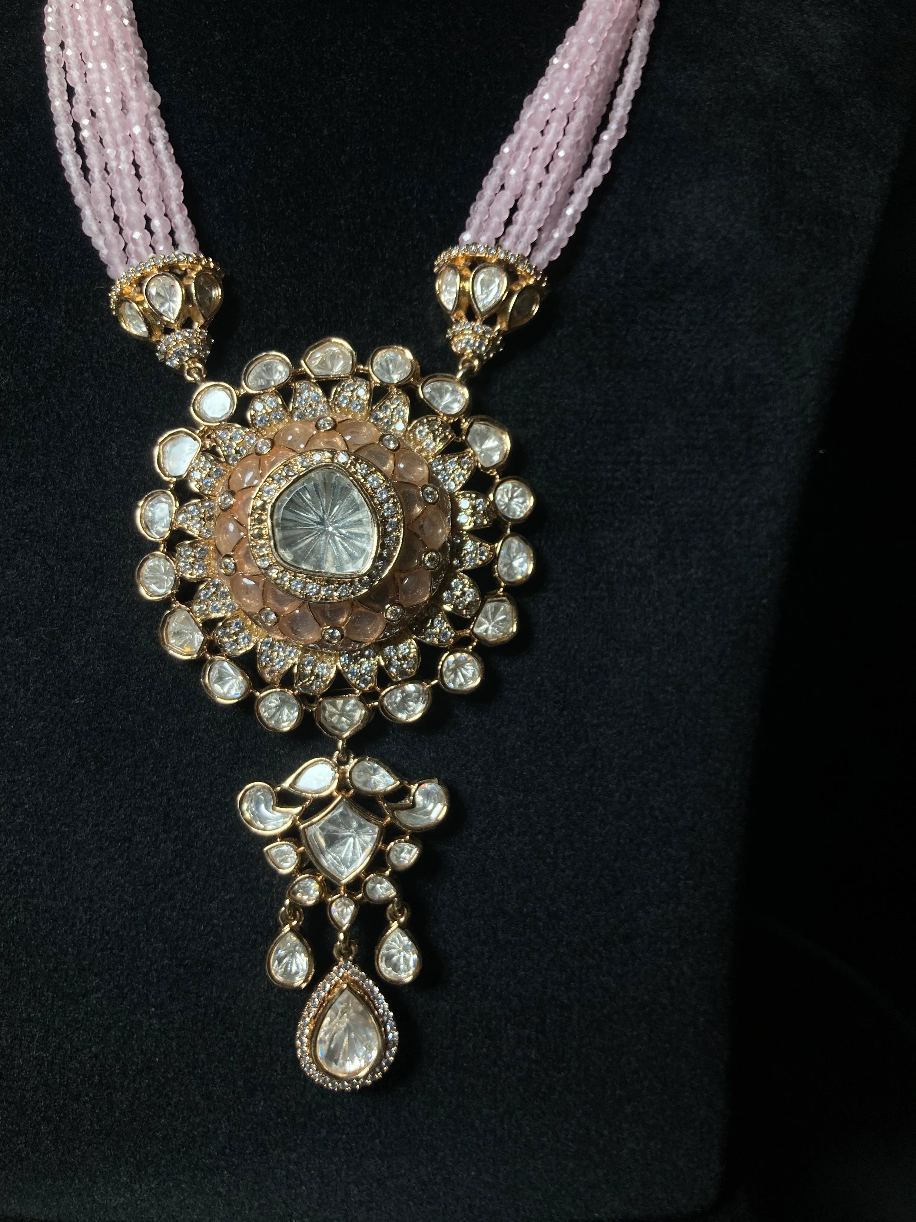 Pink Enameled Kundan Raani Haar with Round Centre Pendant with Pearl Drawstrings