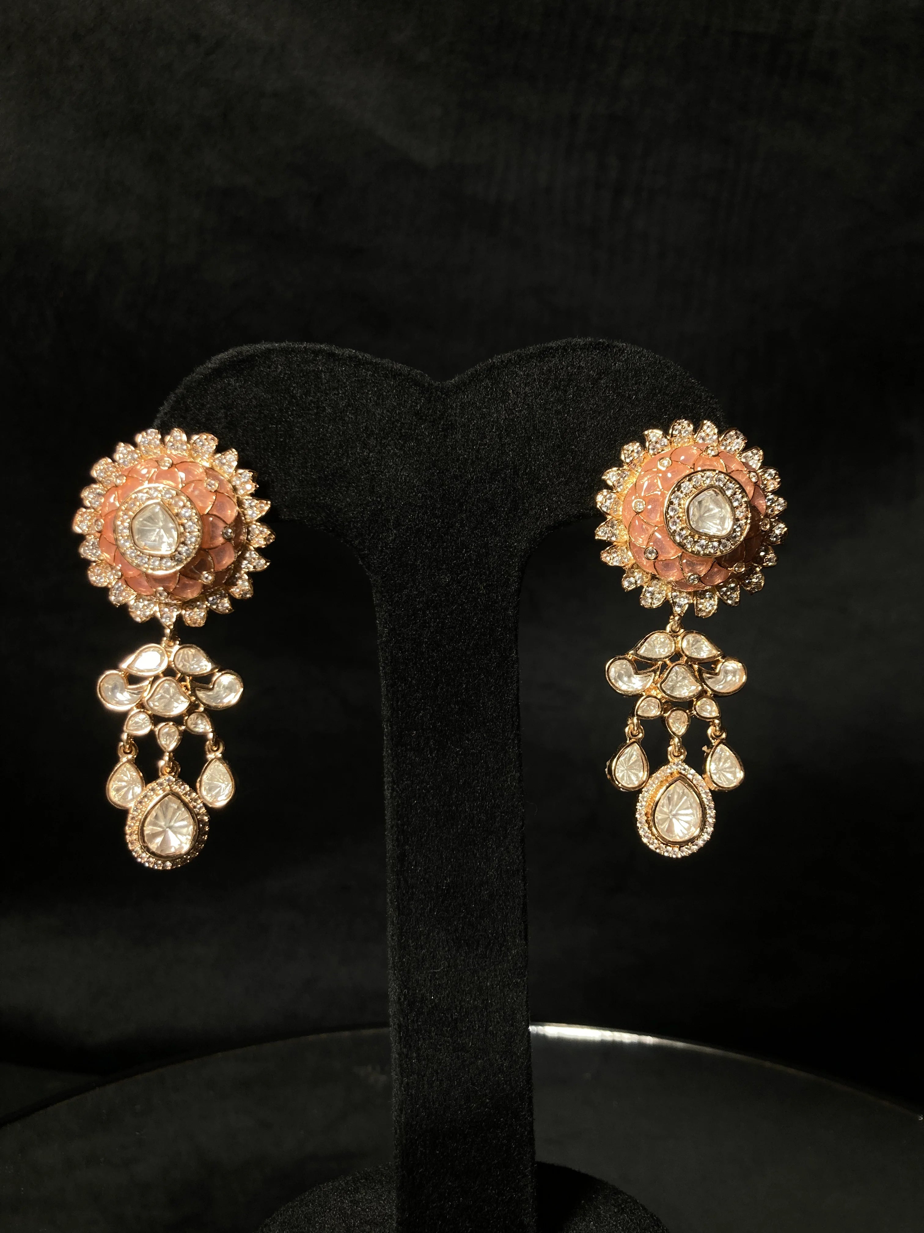 Pink Enameled Kundan Raani Haar with Round Centre Pendant with Pearl Drawstrings