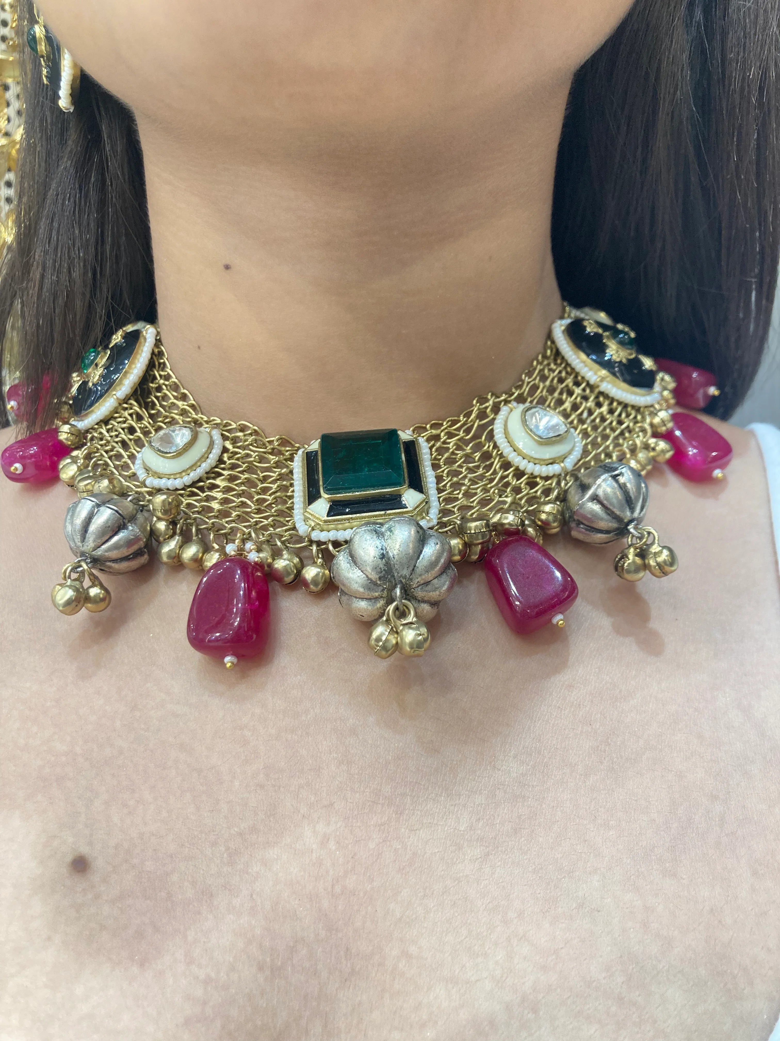 Emerald Doublet Stone Jaal Necklace