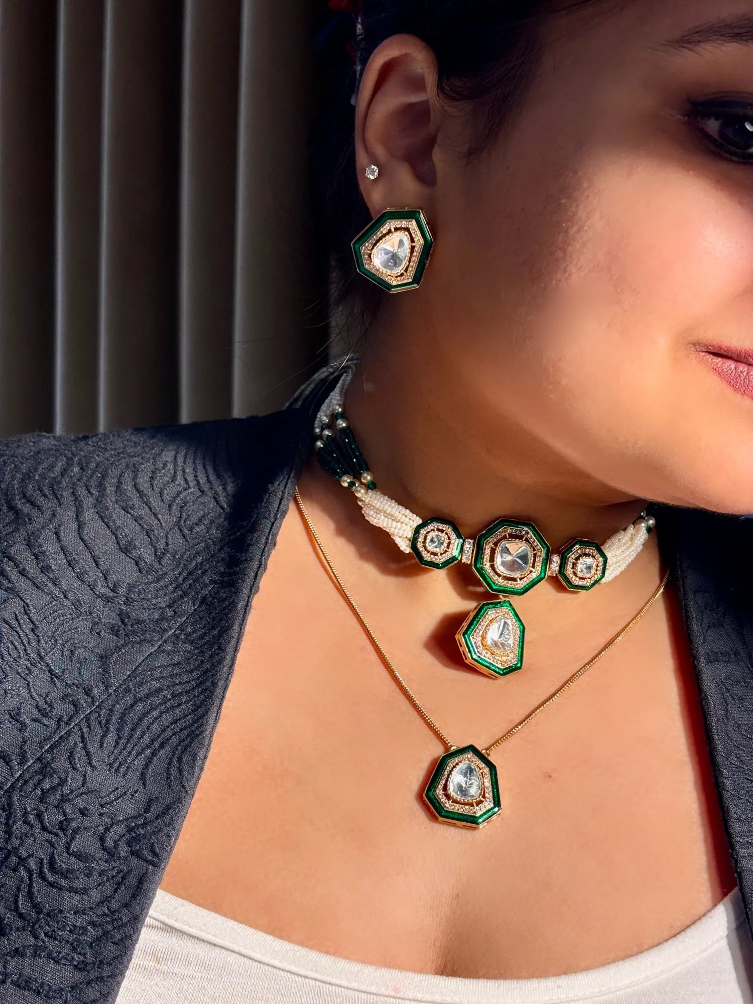 Double Layer Green Pendant Set With Moissanite Stones