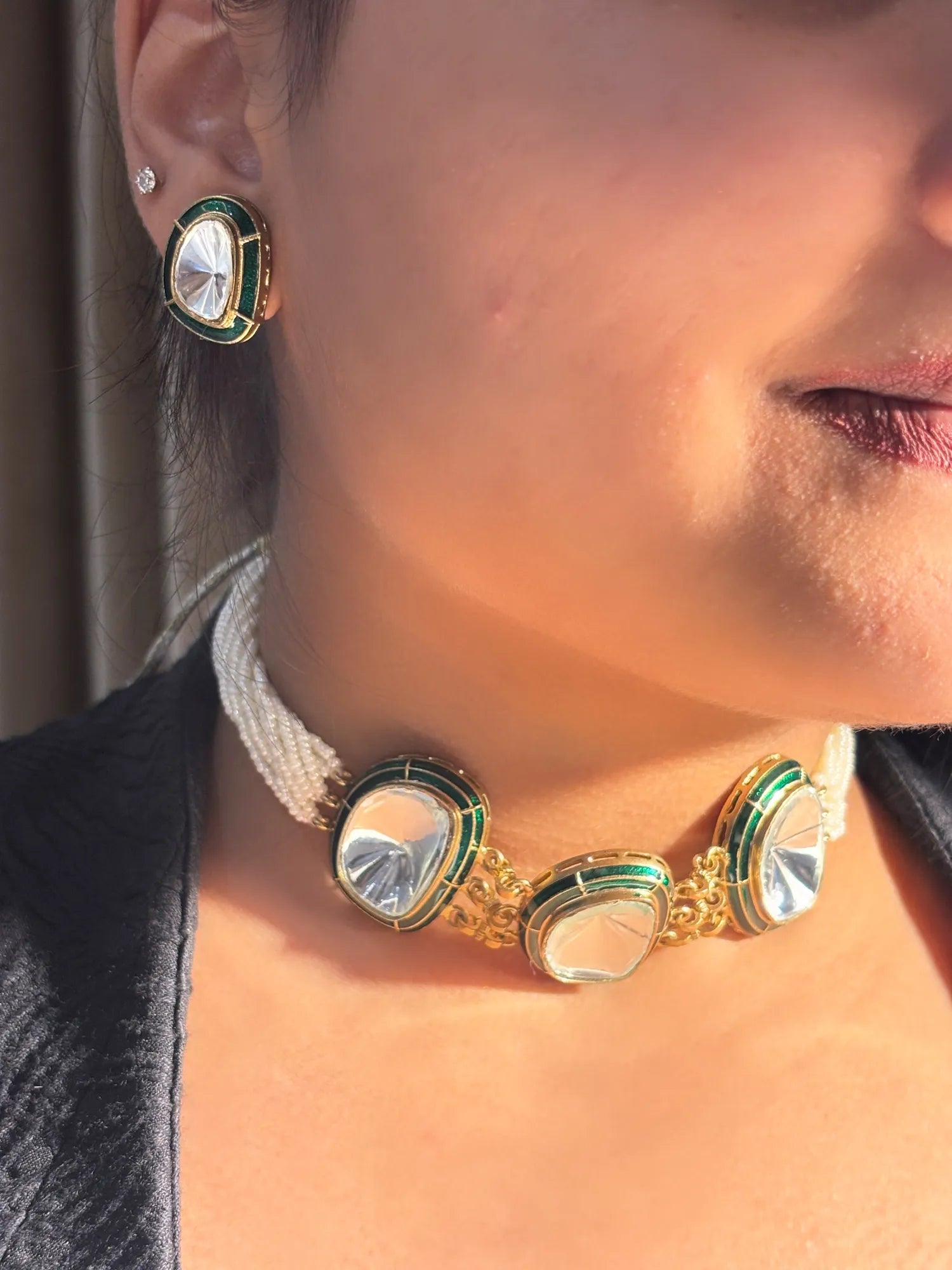 Emerald-Edged Polki Necklace Set