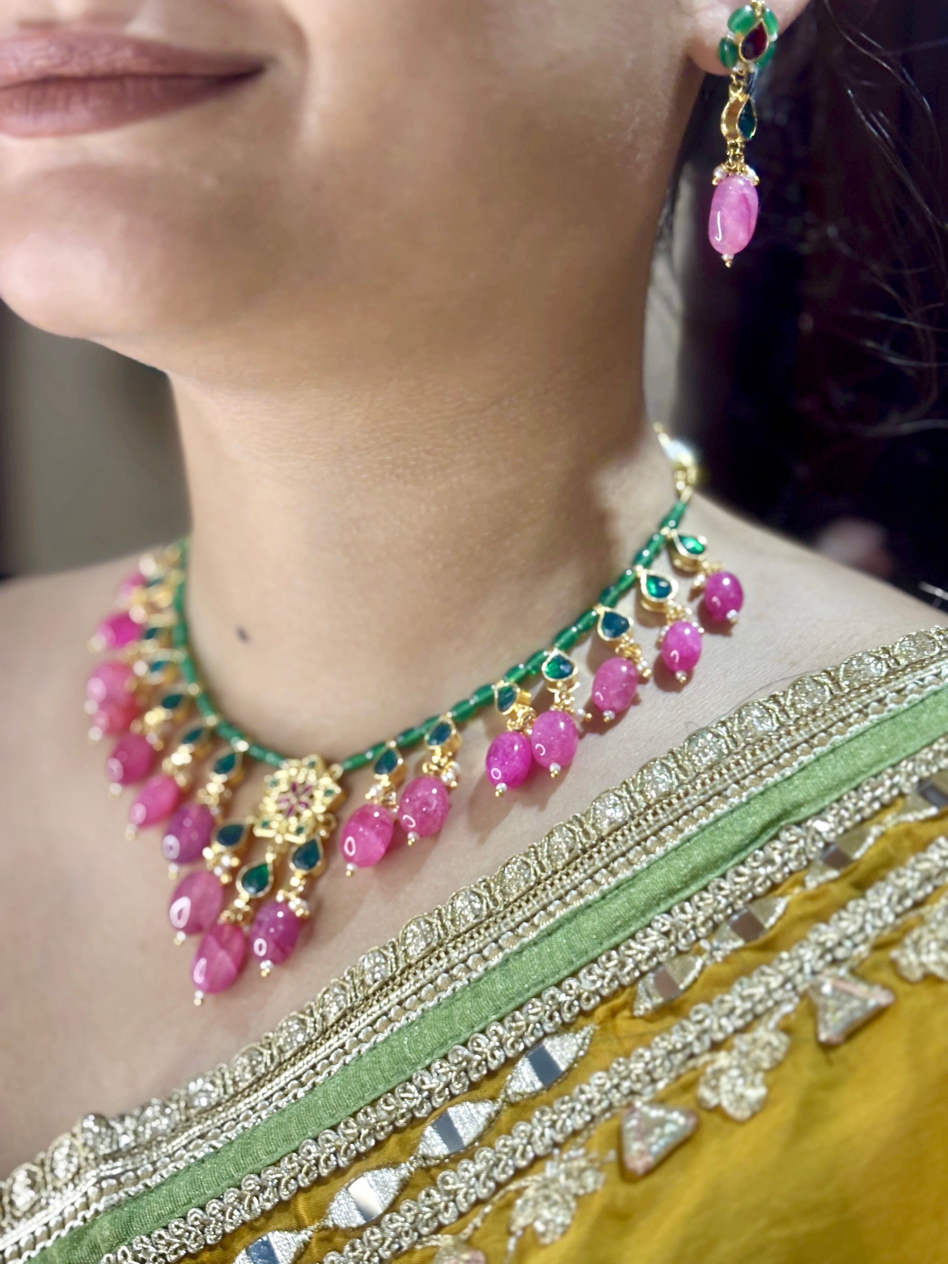 22 K Gold plated Paachi Kundan Necklace with Pink and Green beads