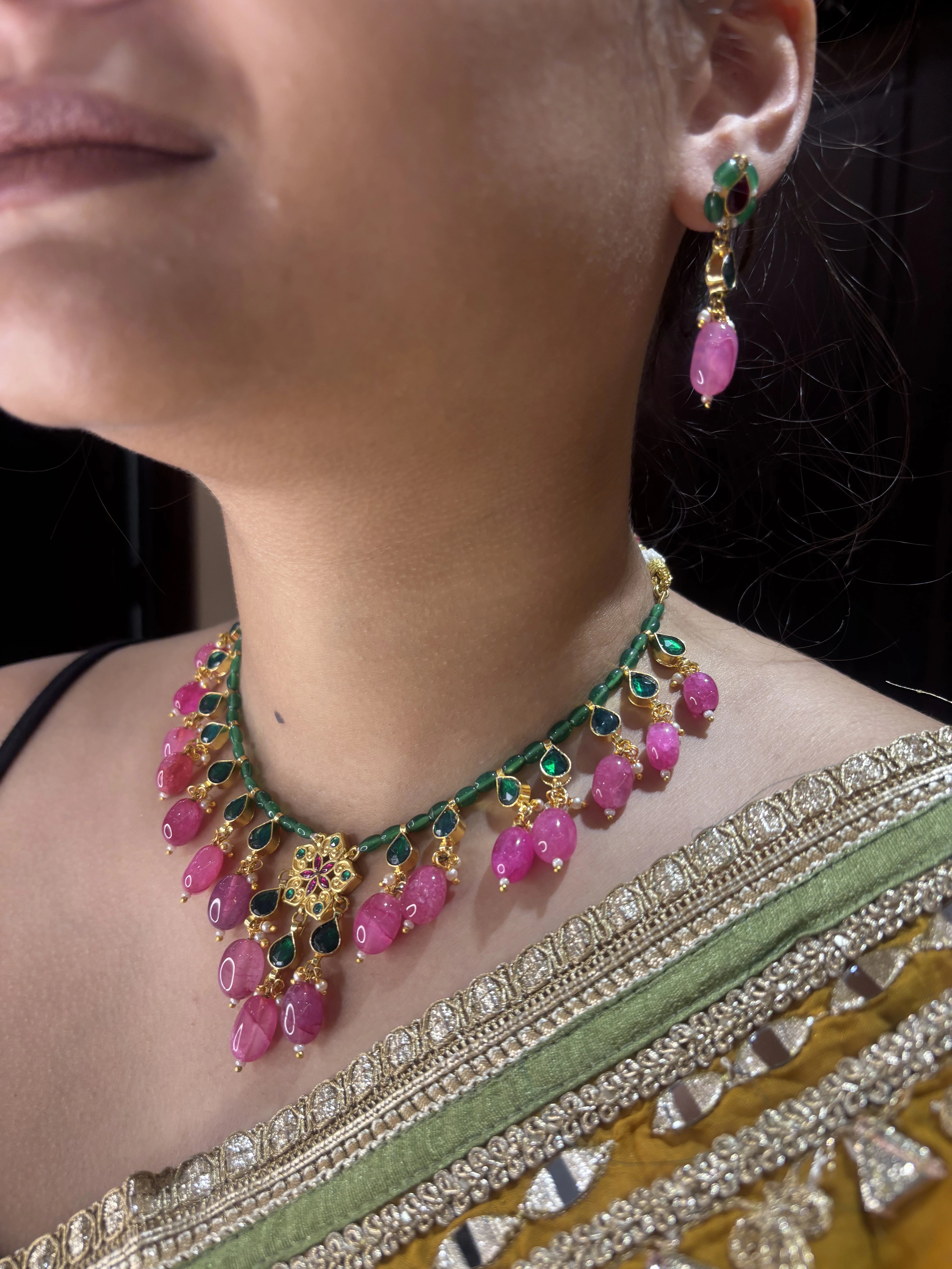 22 K Gold plated Paachi Kundan Necklace with Pink and Green beads
