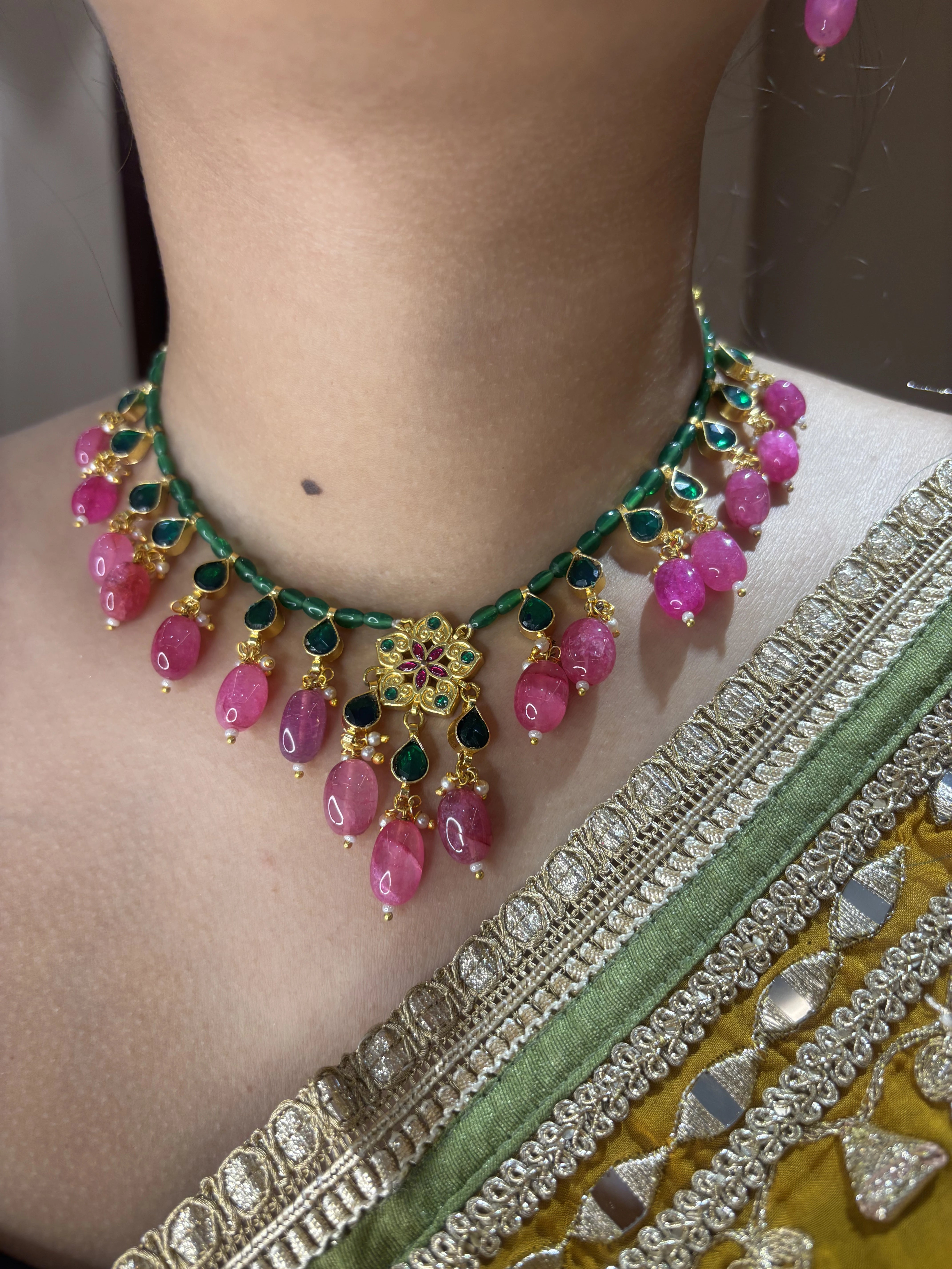 22 K Gold plated Paachi Kundan Necklace with Pink and Green beads