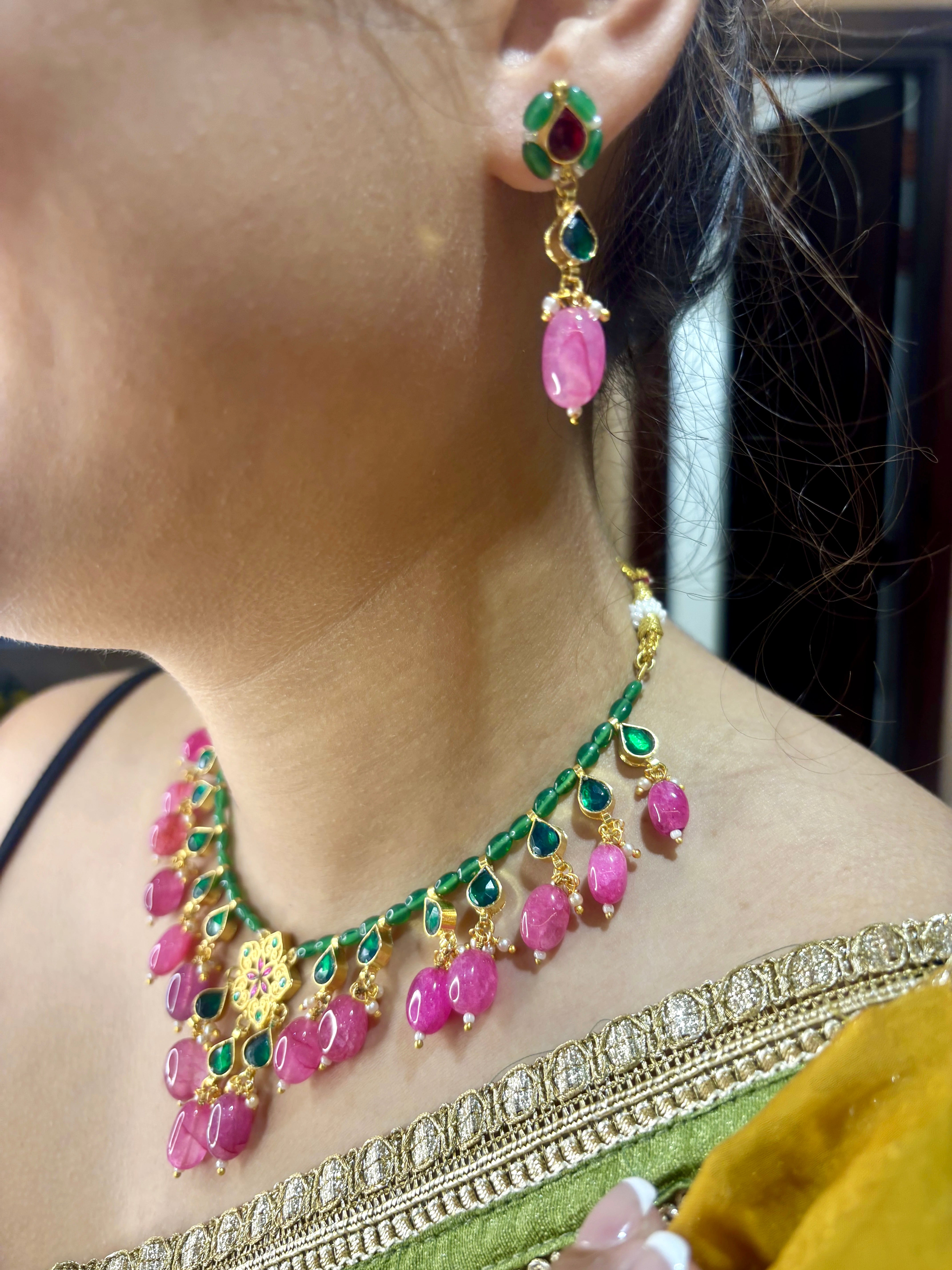 22 K Gold plated Paachi Kundan Necklace with Pink and Green beads