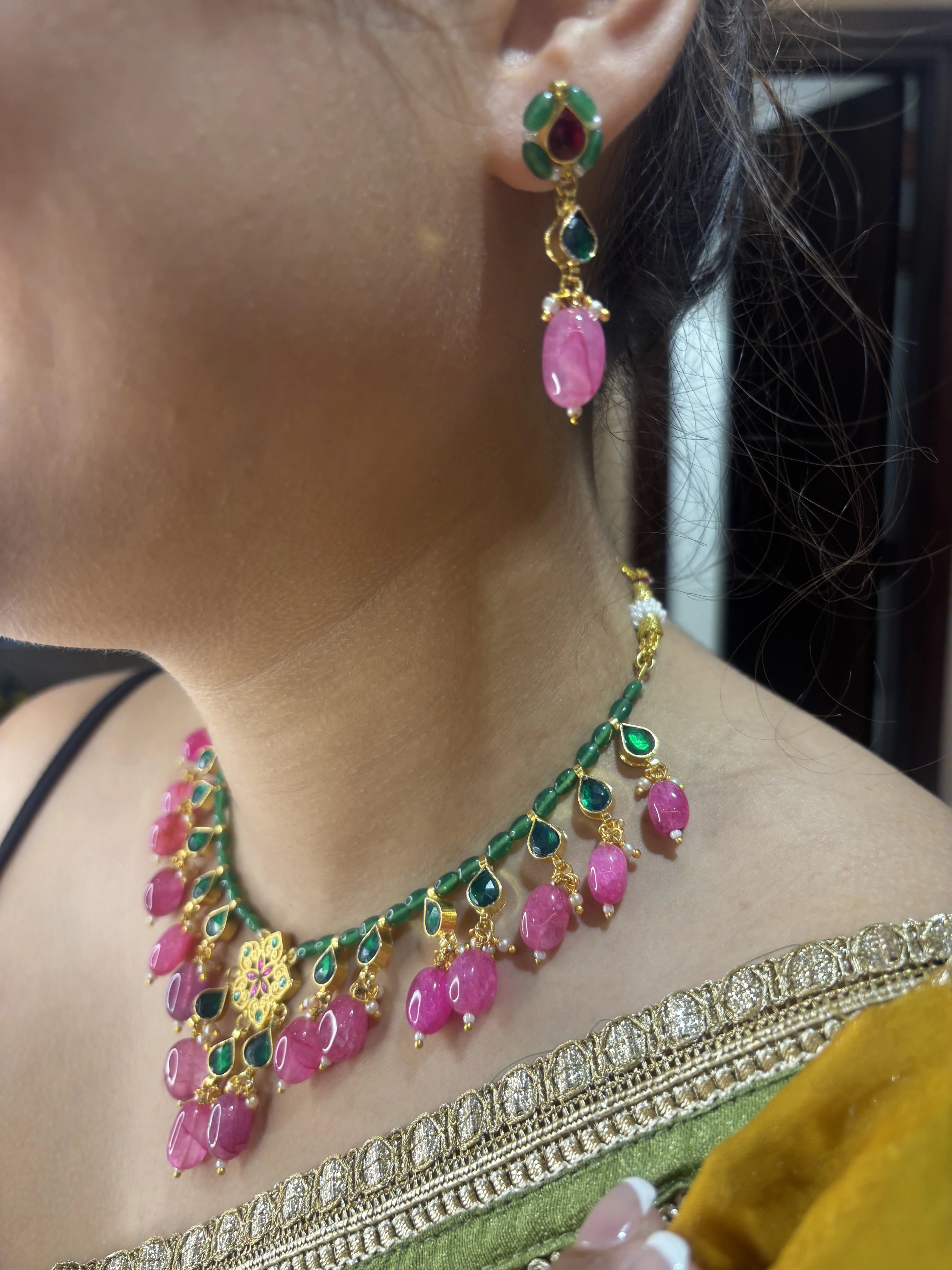 22 K Gold plated Paachi Kundan Necklace with Pink and Green beads
