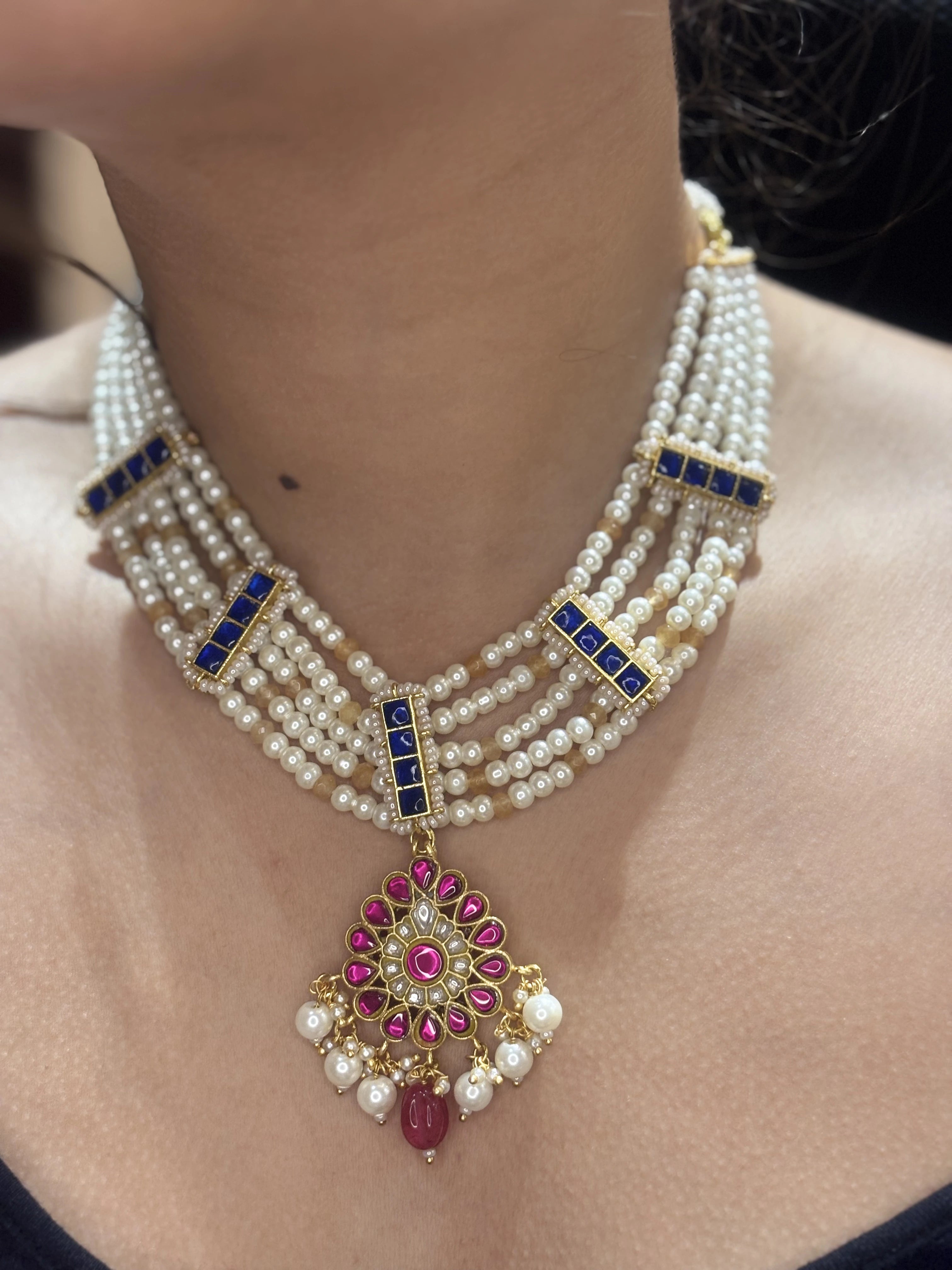 Saina Pink and Blue Necklace Set