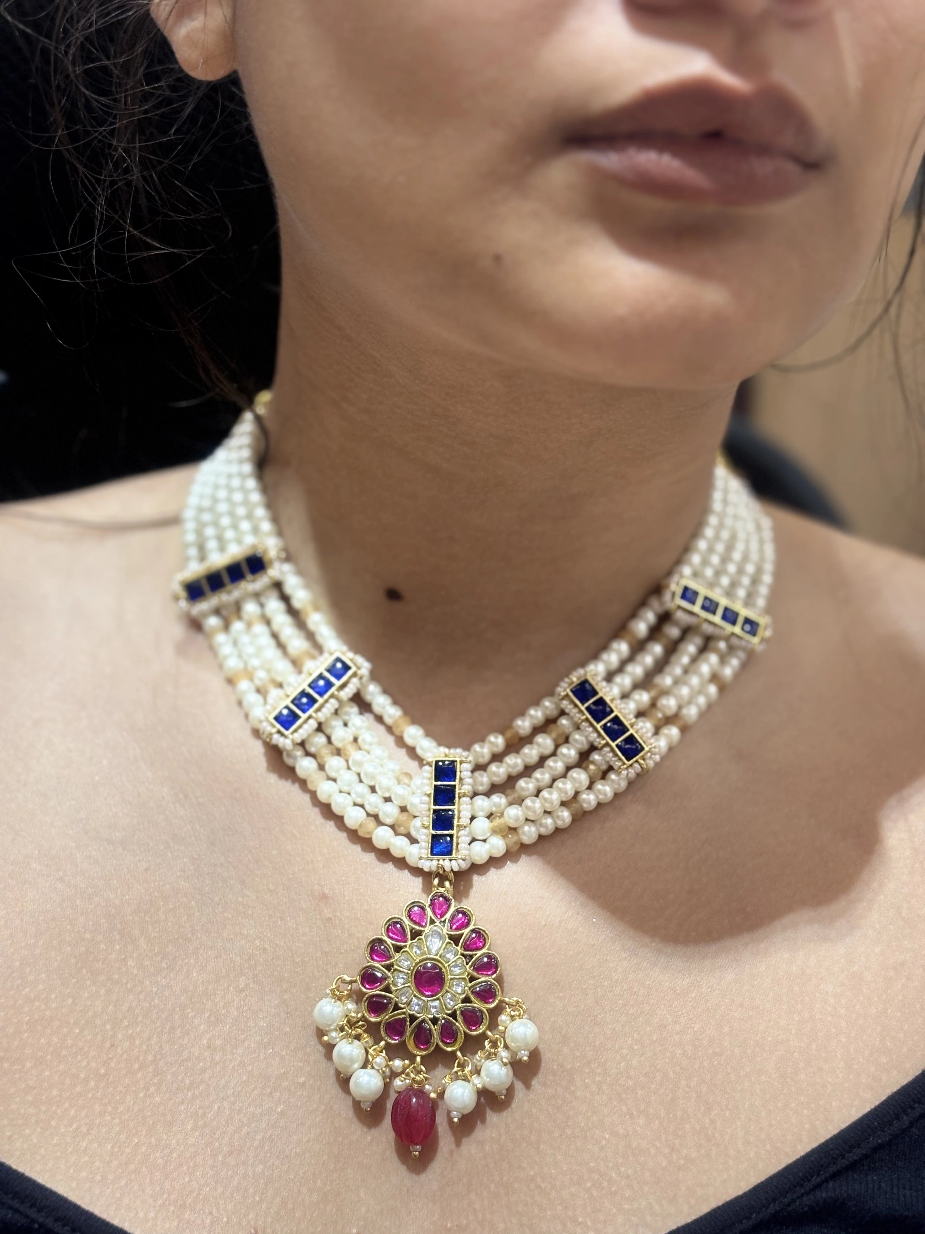 Saina Pink and Blue Necklace Set