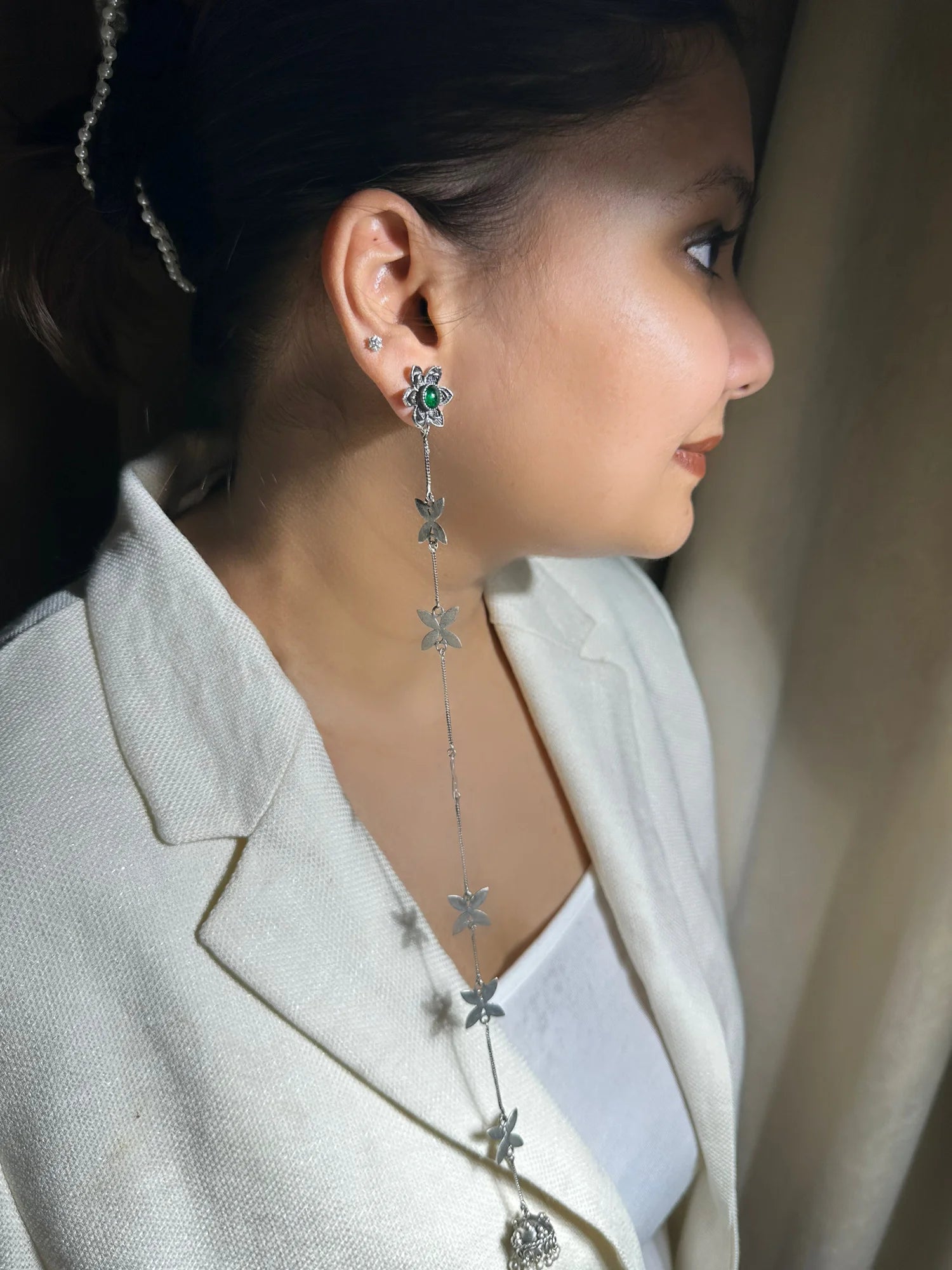Midas Green Silver Bloom Chain Drop Earrings