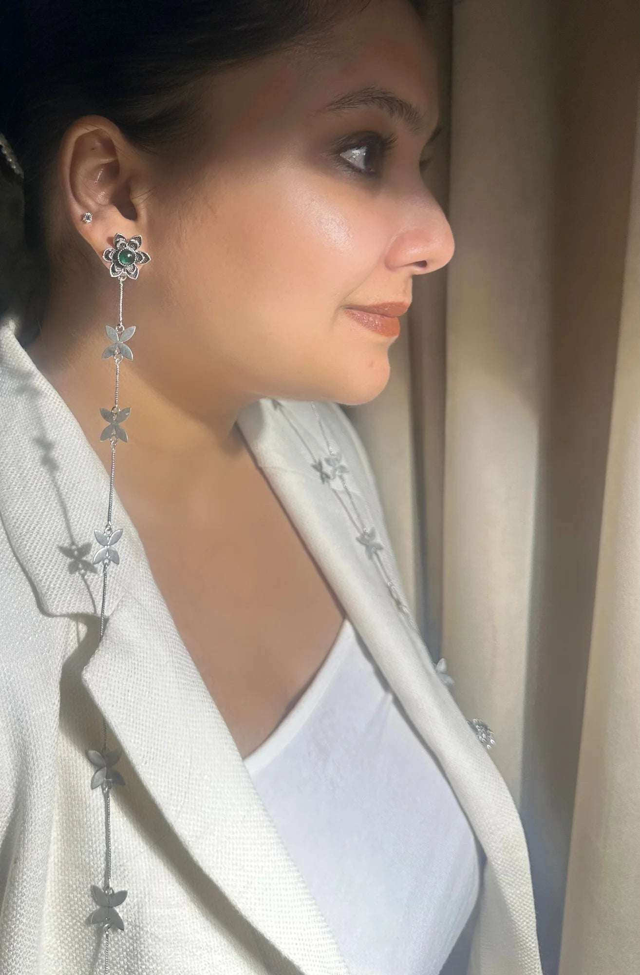 Midas Green Silver Bloom Chain Drop Earrings