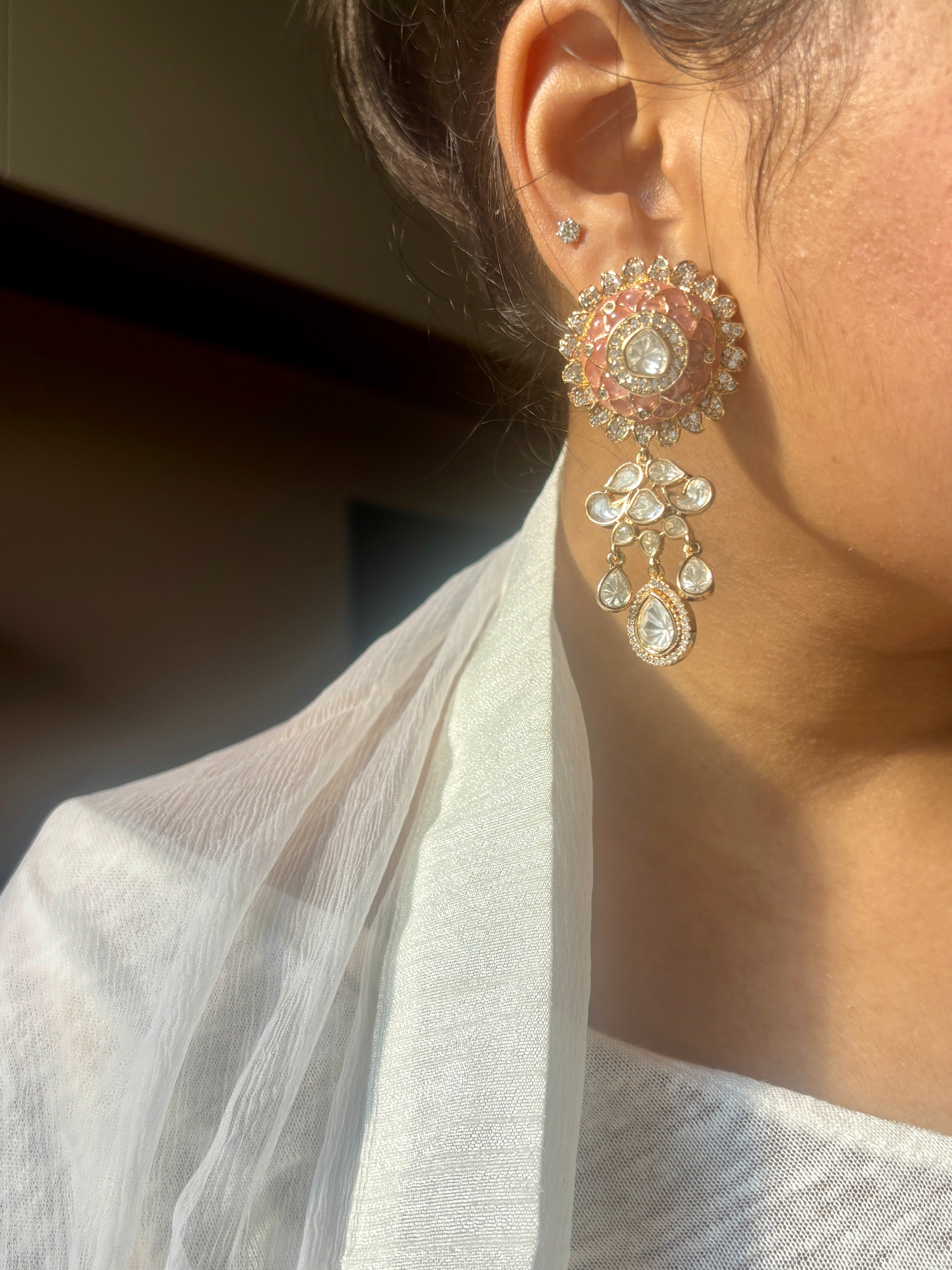 Pink Enameled Kundan Raani Haar with Round Centre Pendant with Pearl Drawstrings