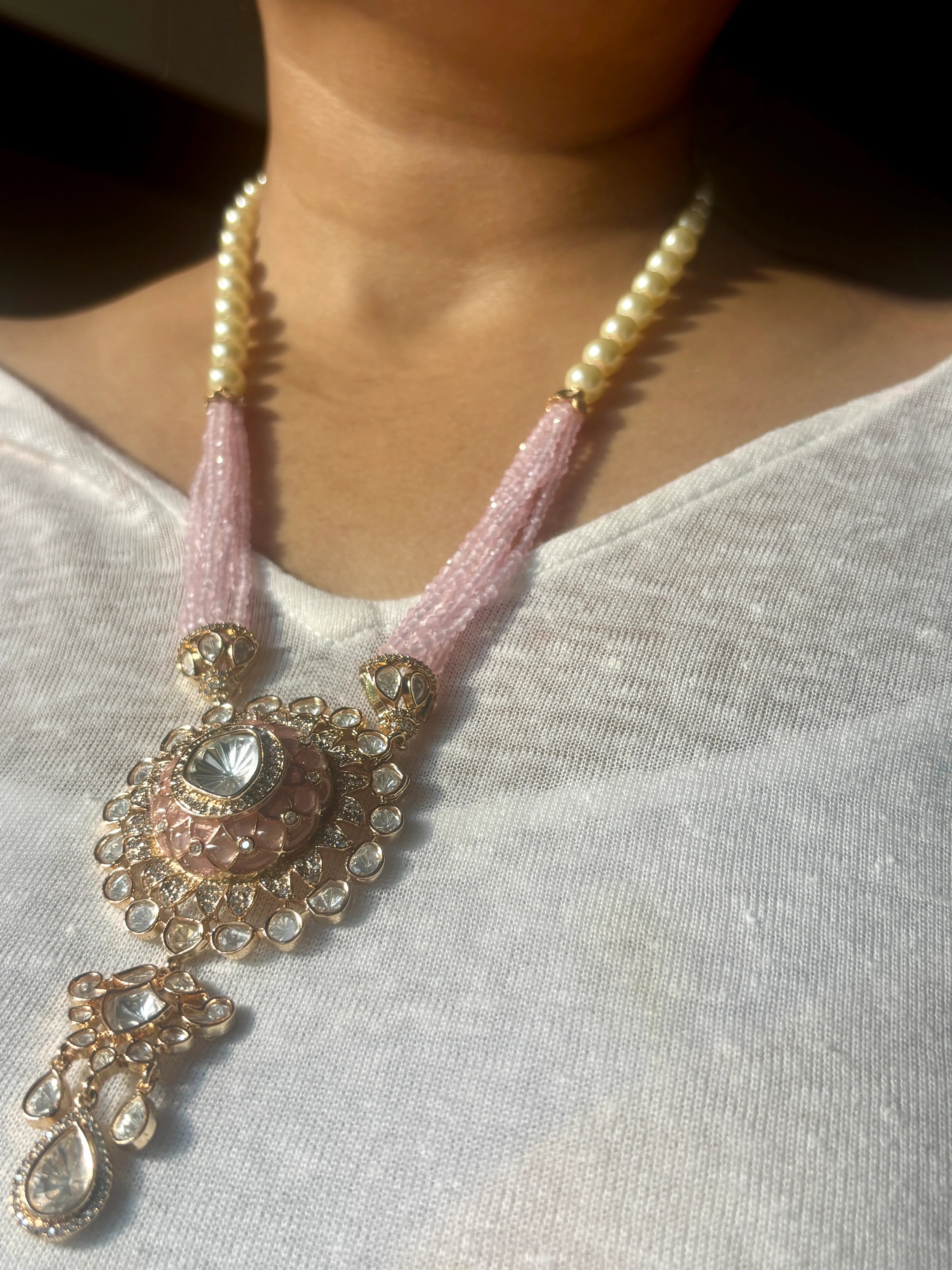 Pink Enameled Kundan Raani Haar with Round Centre Pendant with Pearl Drawstrings