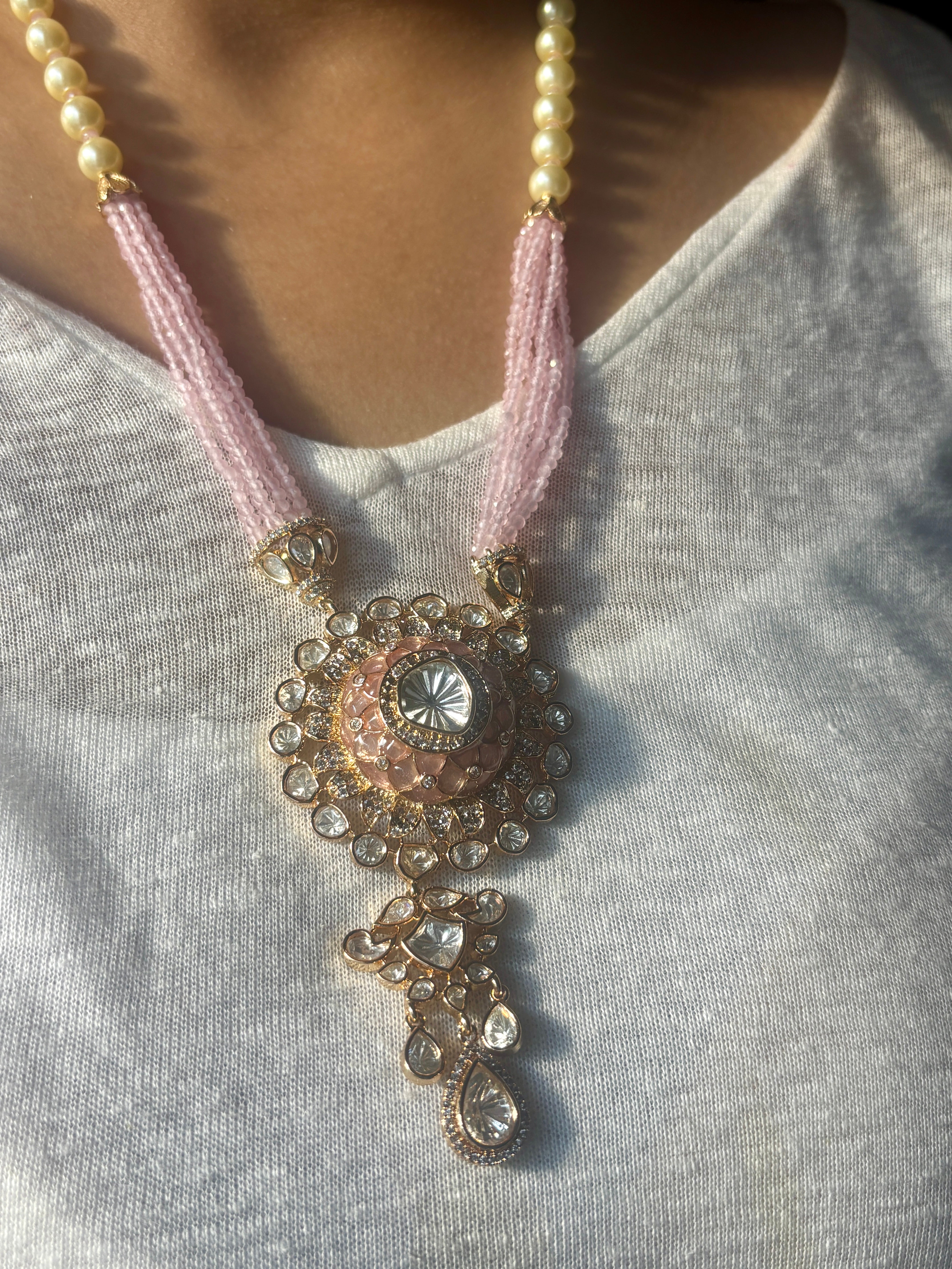 Pink Enameled Kundan Raani Haar with Round Centre Pendant with Pearl Drawstrings