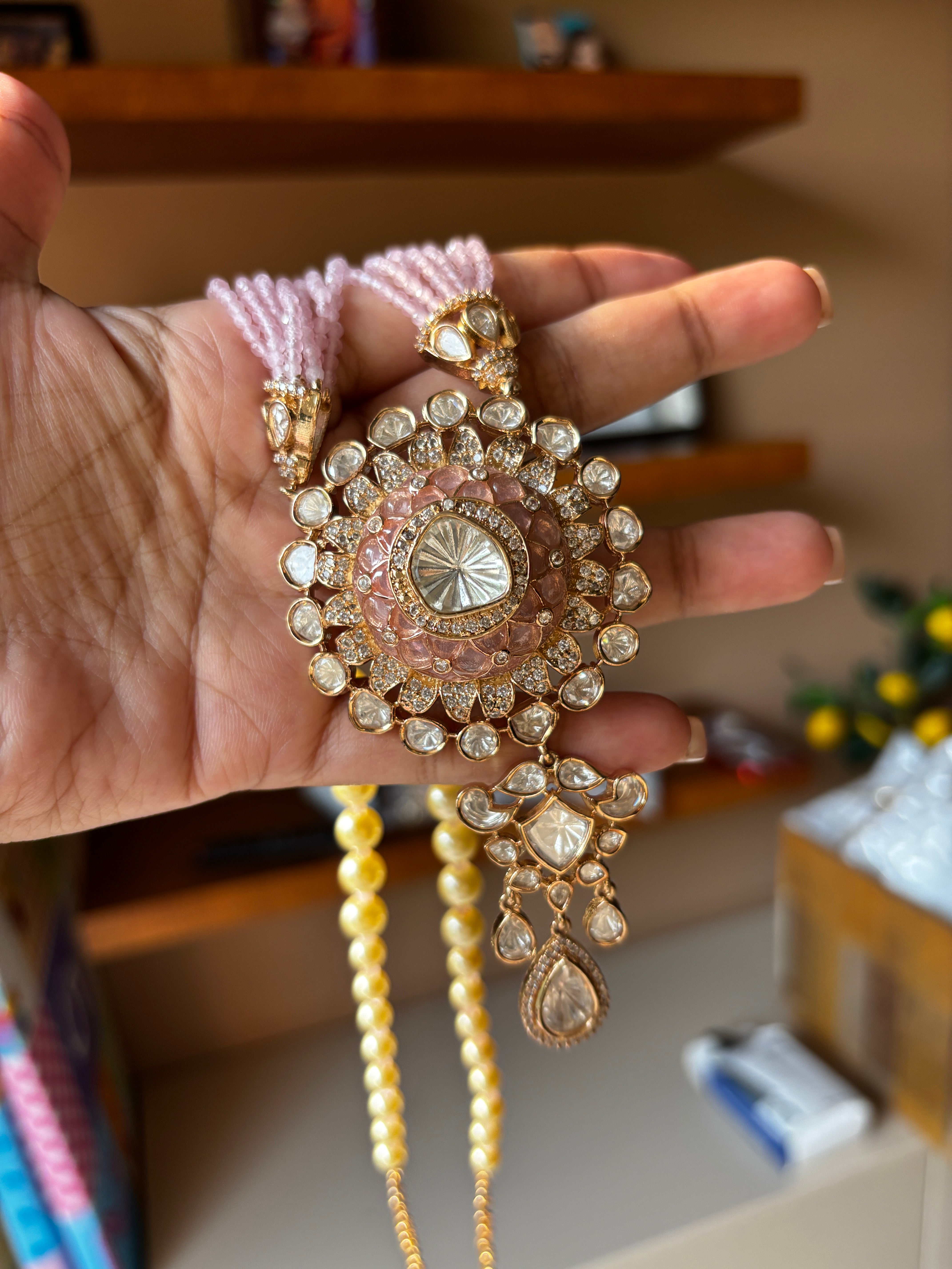 Pink Enameled Kundan Raani Haar with Round Centre Pendant with Pearl Drawstrings