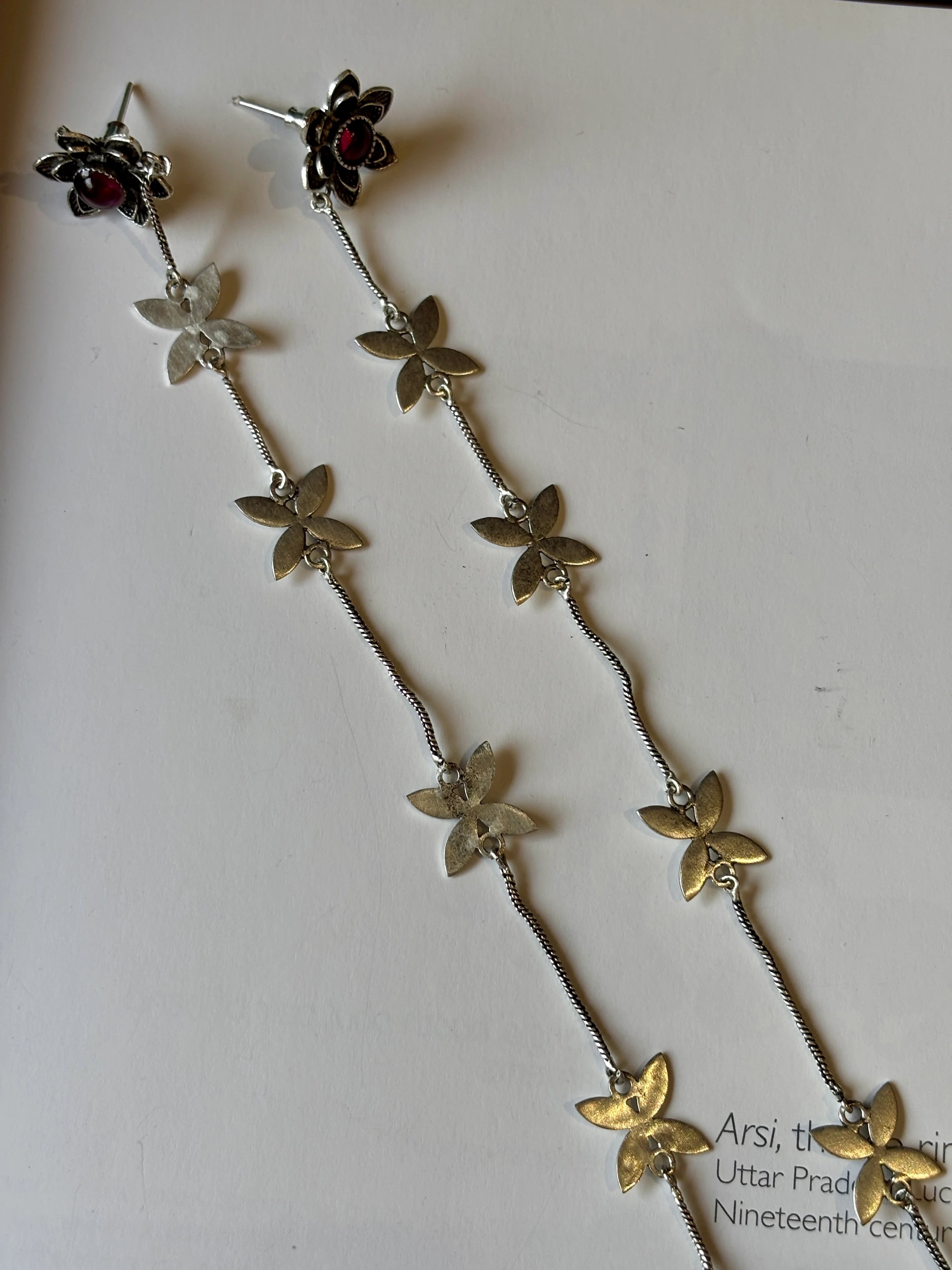 Midas Red Silver Bloom Chain Drop Earrings