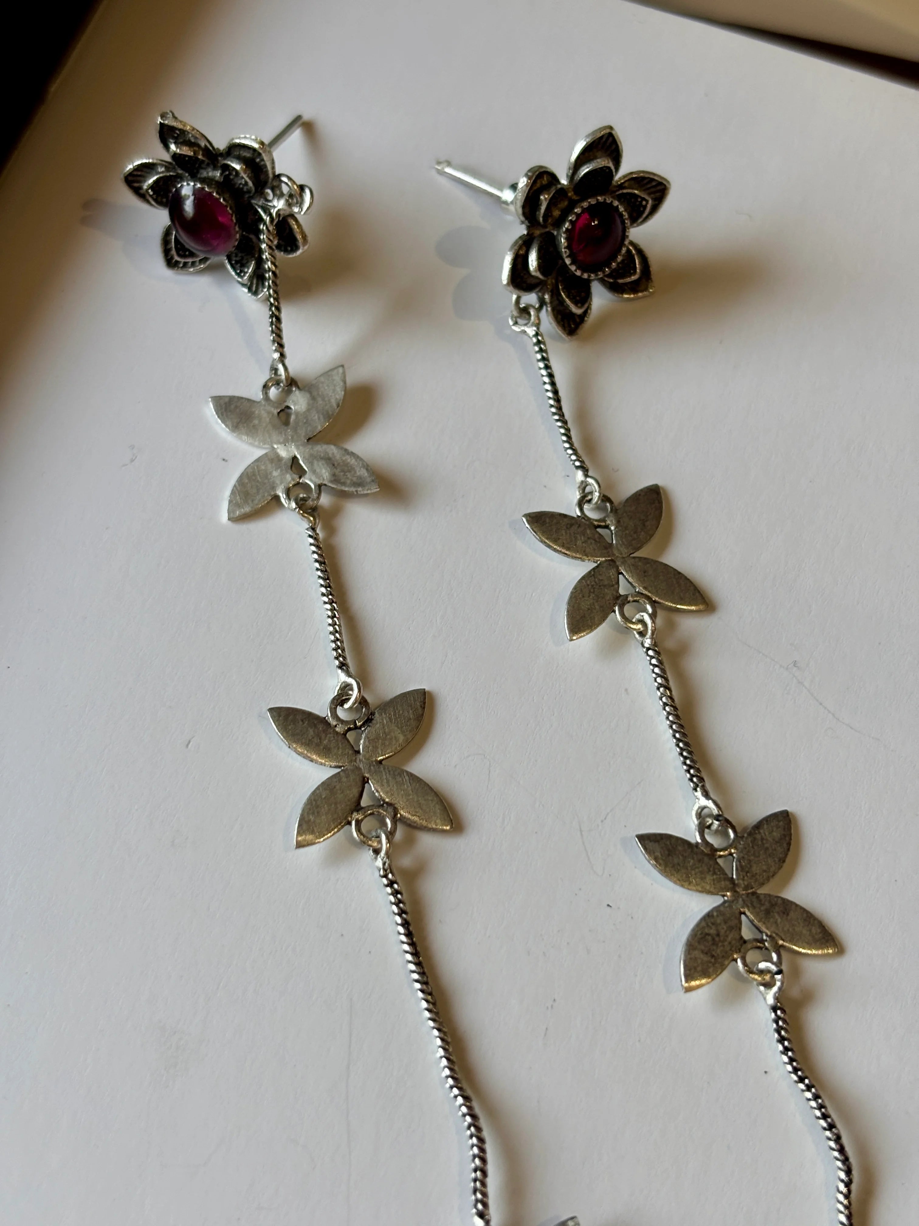 Midas Red Silver Bloom Chain Drop Earrings