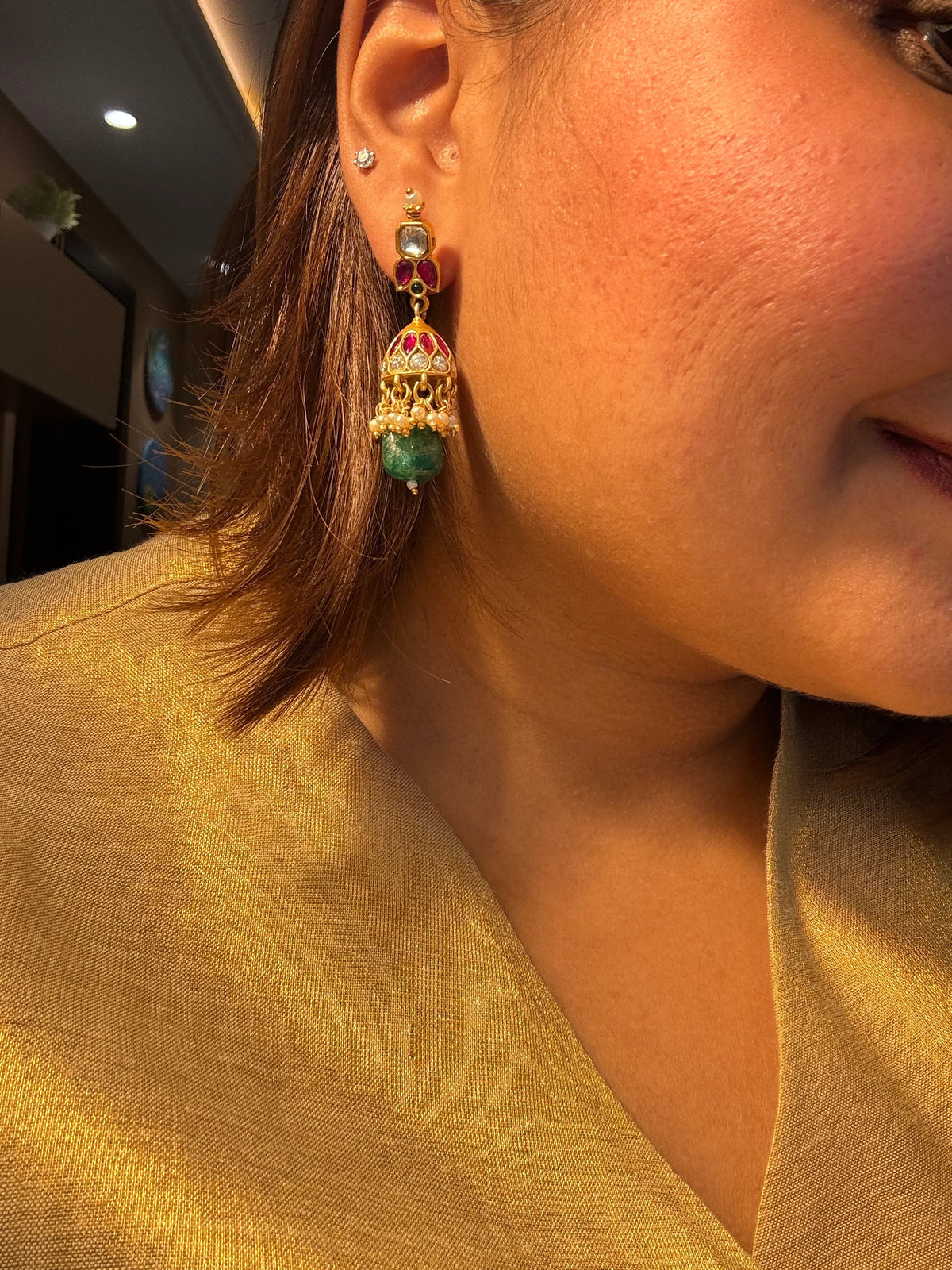 Mehrab Jhumka With Green Drops