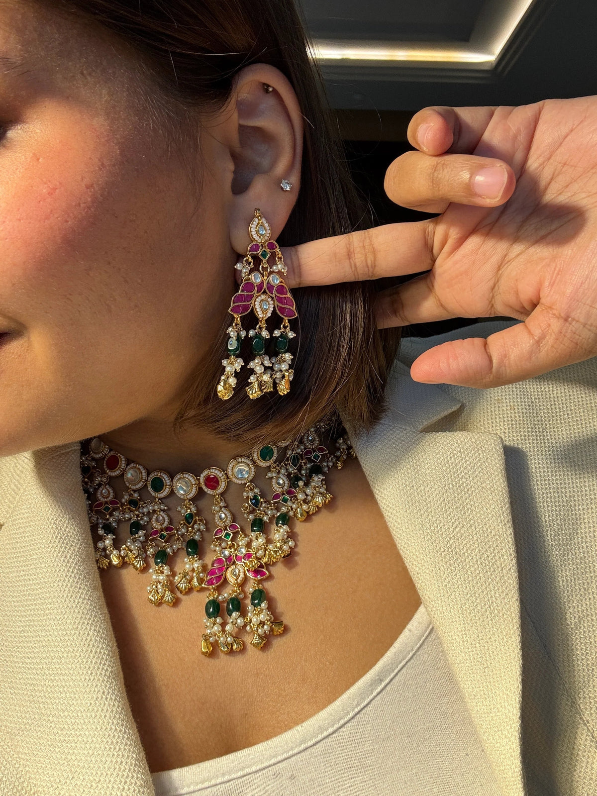 Kundanjali Necklace With Red and Green Hangings