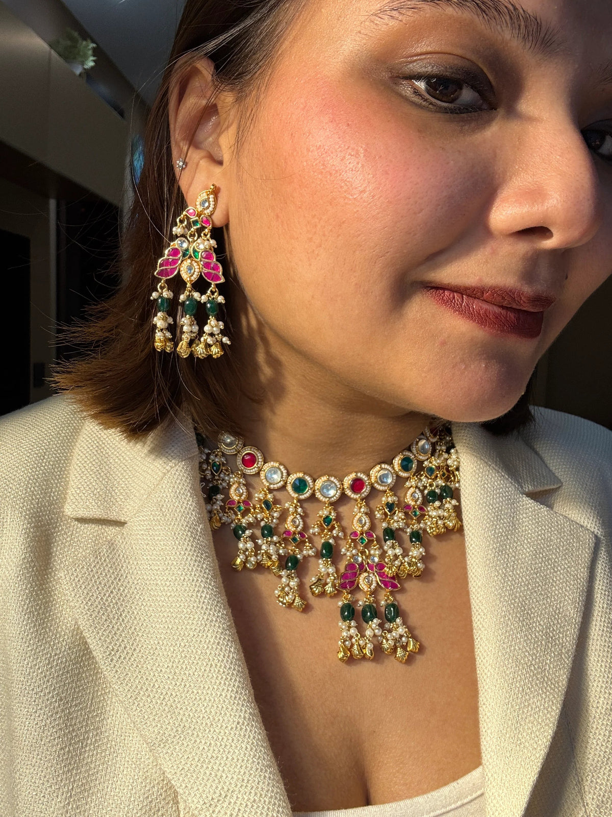 Kundanjali Necklace With Red and Green Hangings