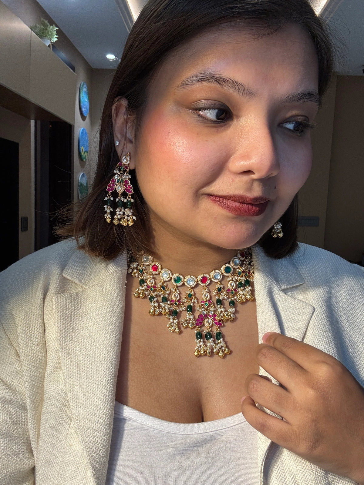Kundanjali Necklace With Red and Green Hangings