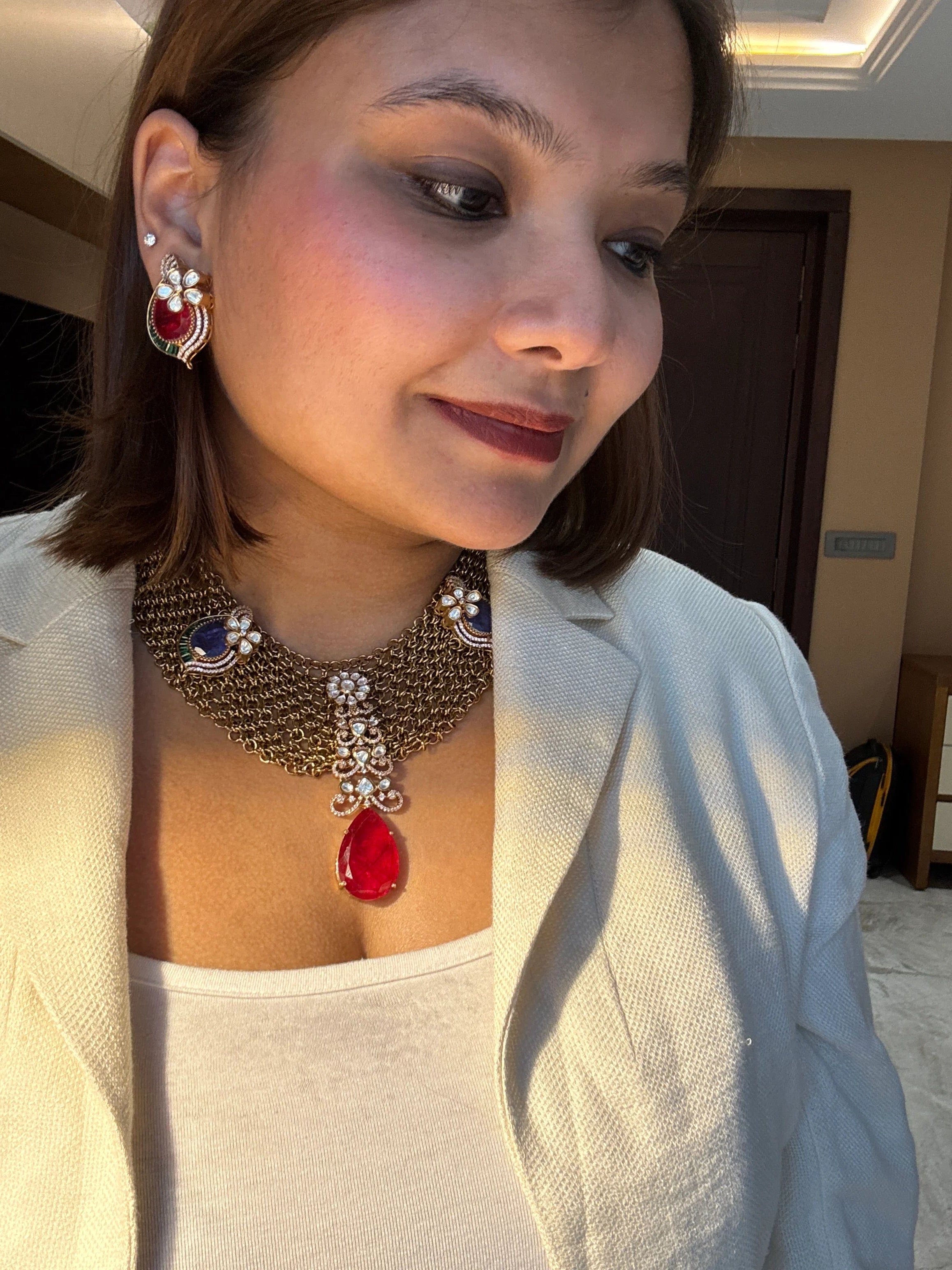 Chandmala Jaal Necklace With Ruby and Blue stone