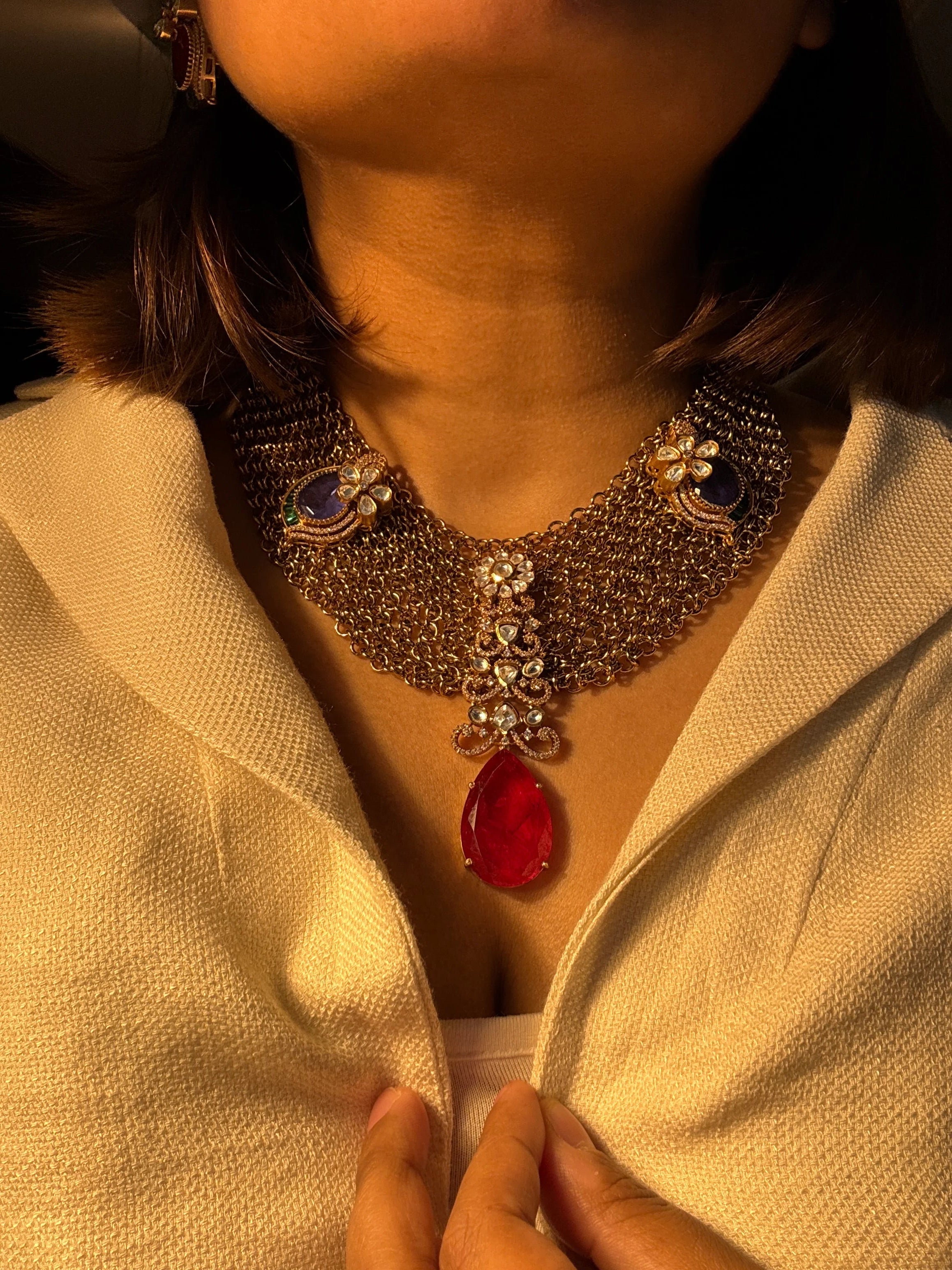 Chandmala Jaal Necklace With Ruby and Blue stone