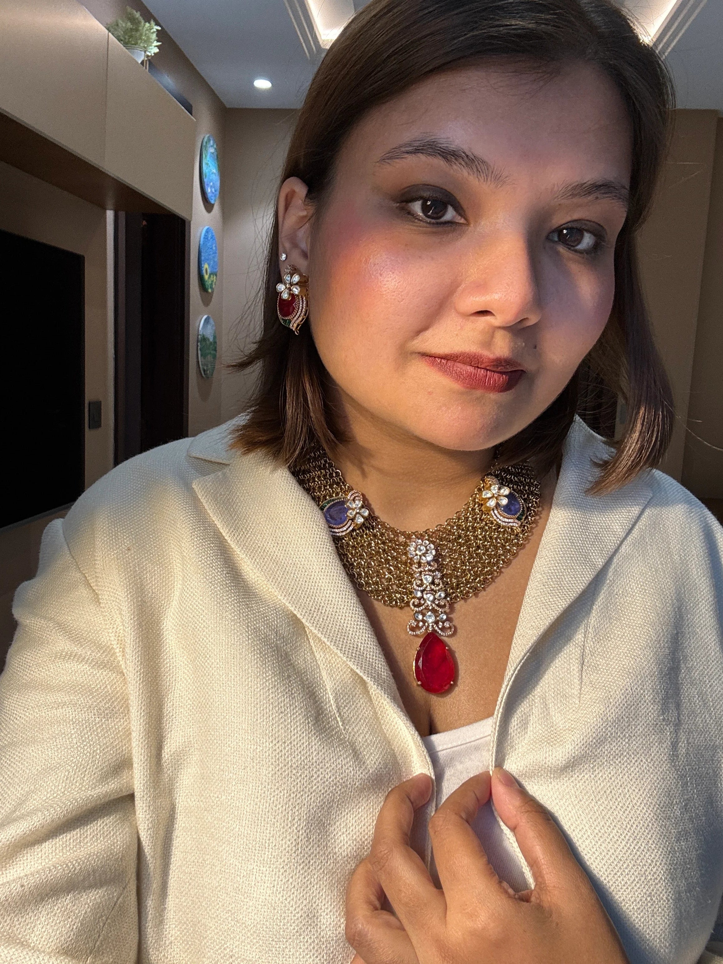 Chandmala Jaal Necklace With Ruby and Blue stone