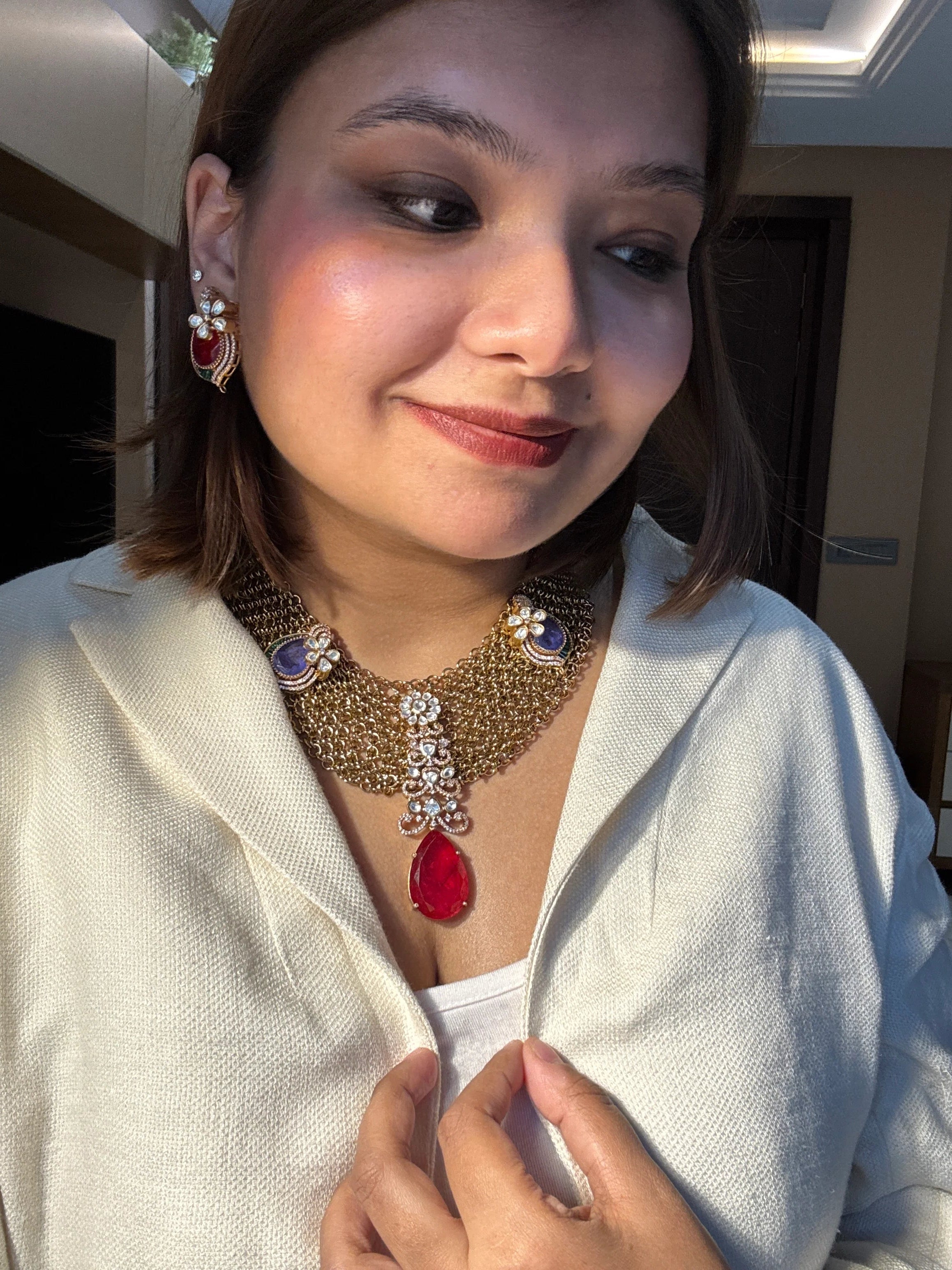 Chandmala Jaal Necklace With Ruby and Blue stone