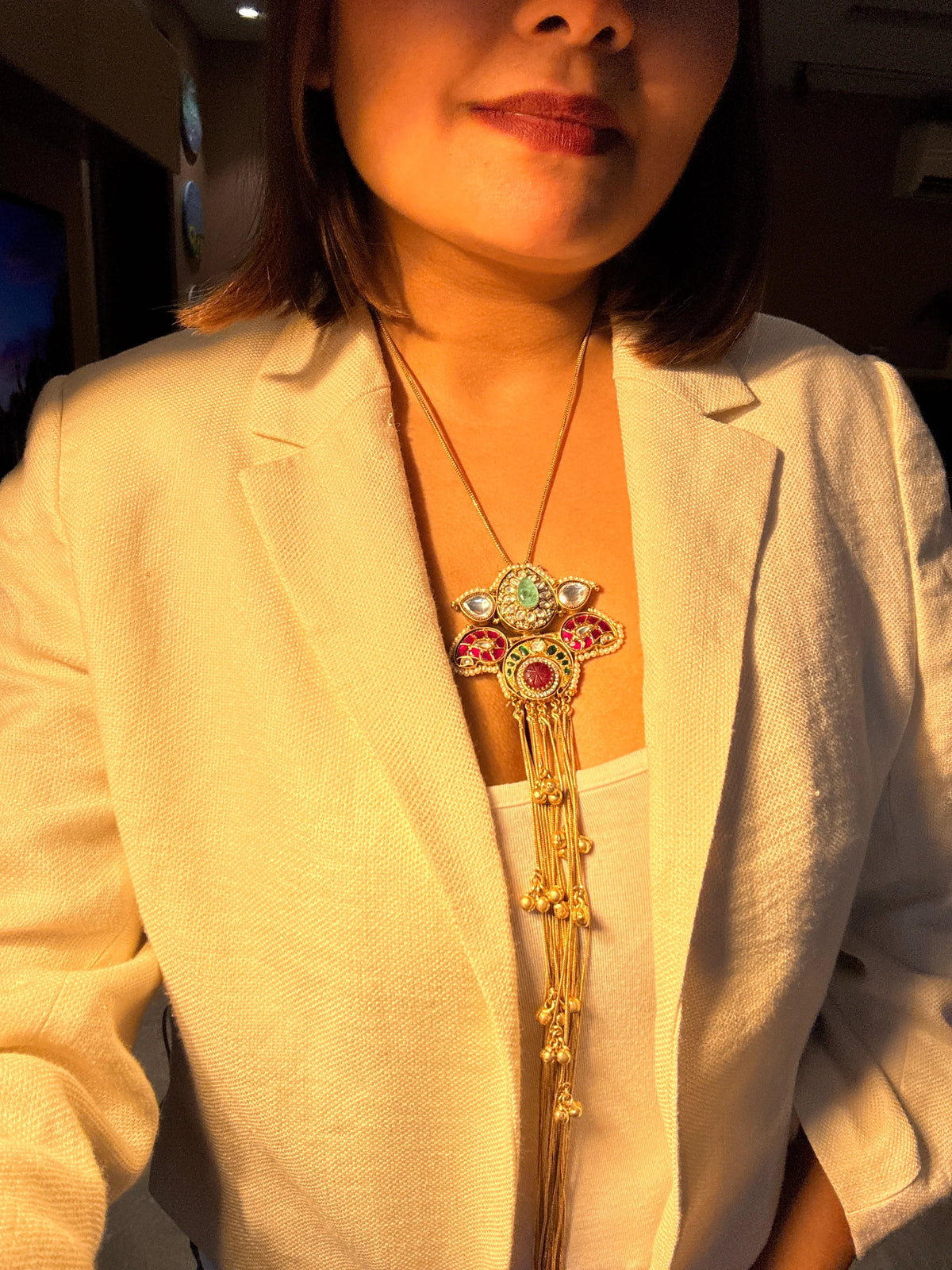 Mint Doublet With Red Takkar work Long Necklace
