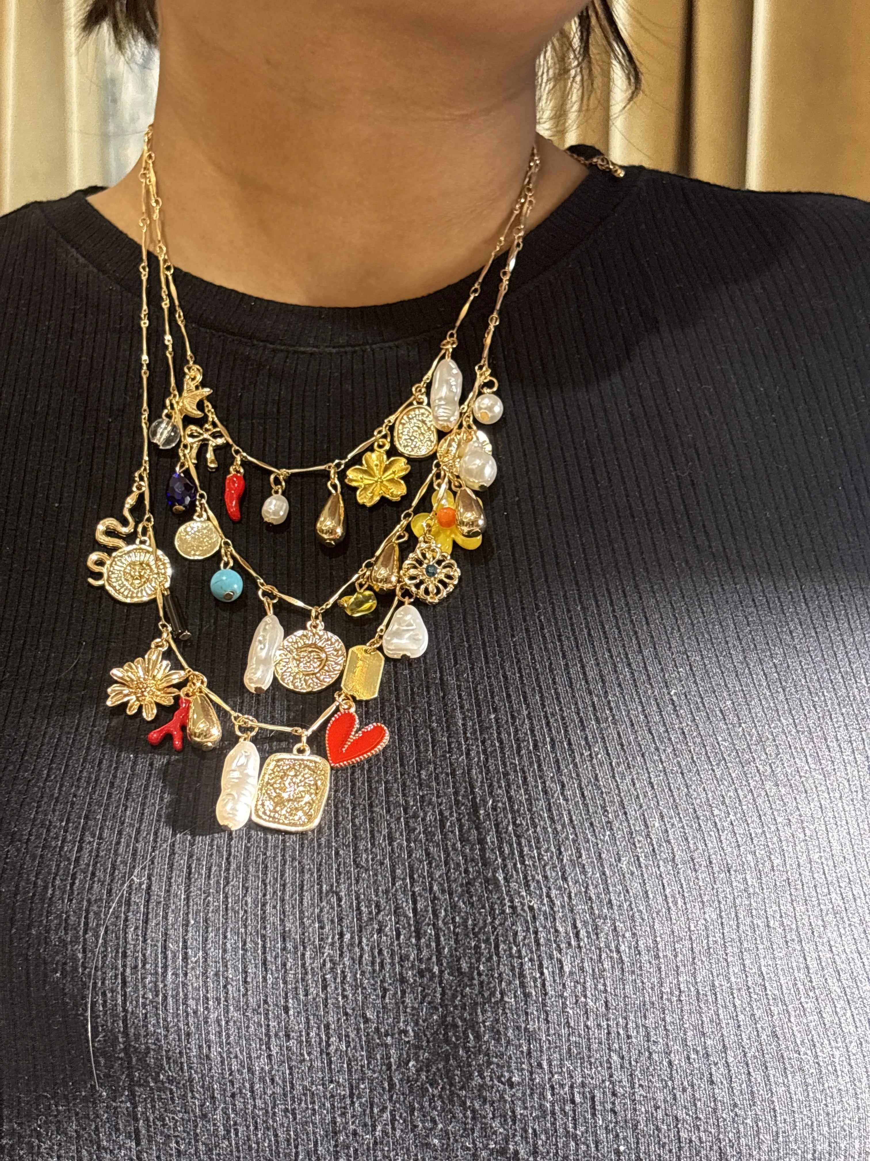 Charm Cascade Layered Necklace – Gold-Tone Multi Motif Statement