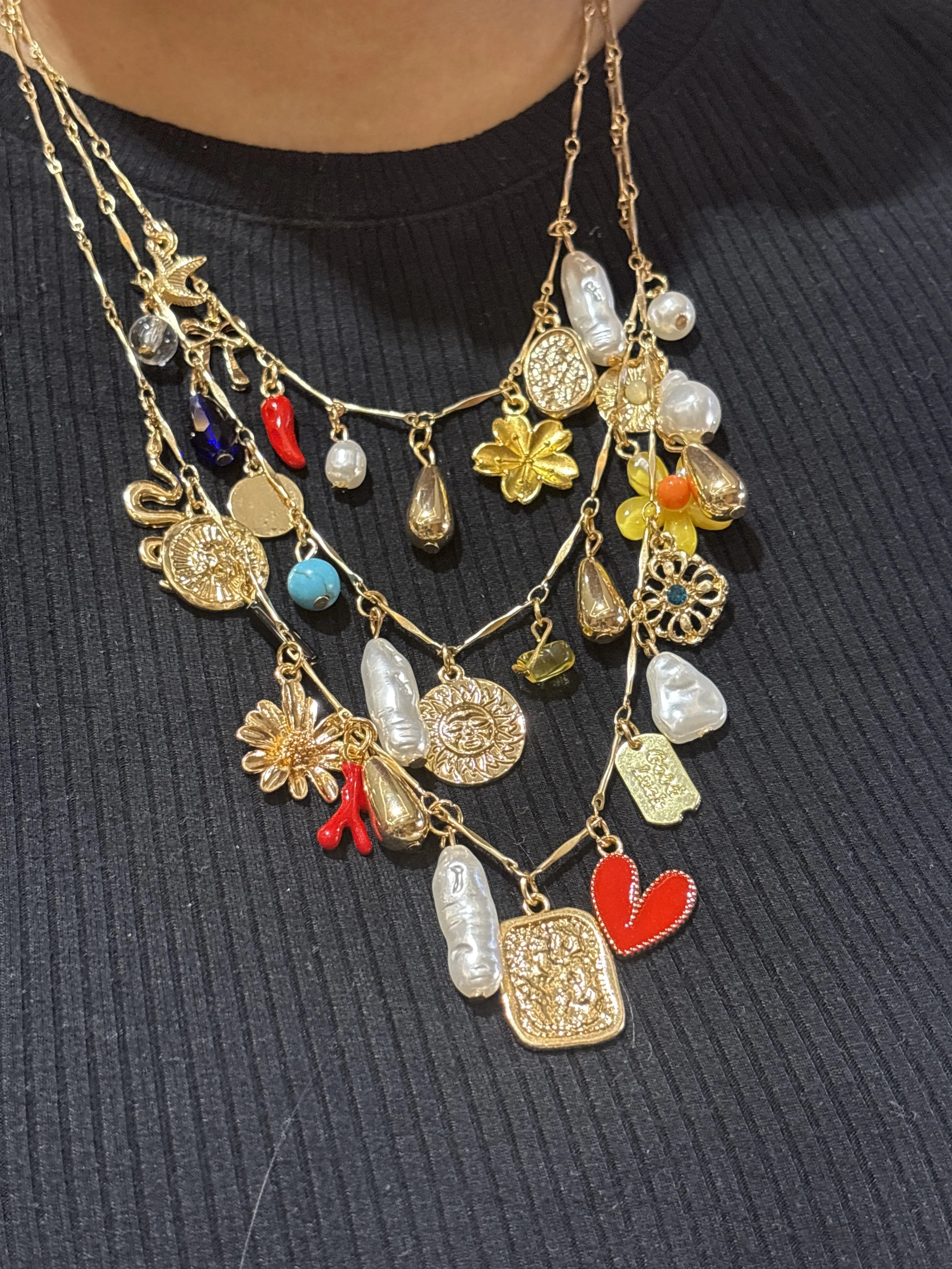 Charm Cascade Layered Necklace – Gold-Tone Multi Motif Statement