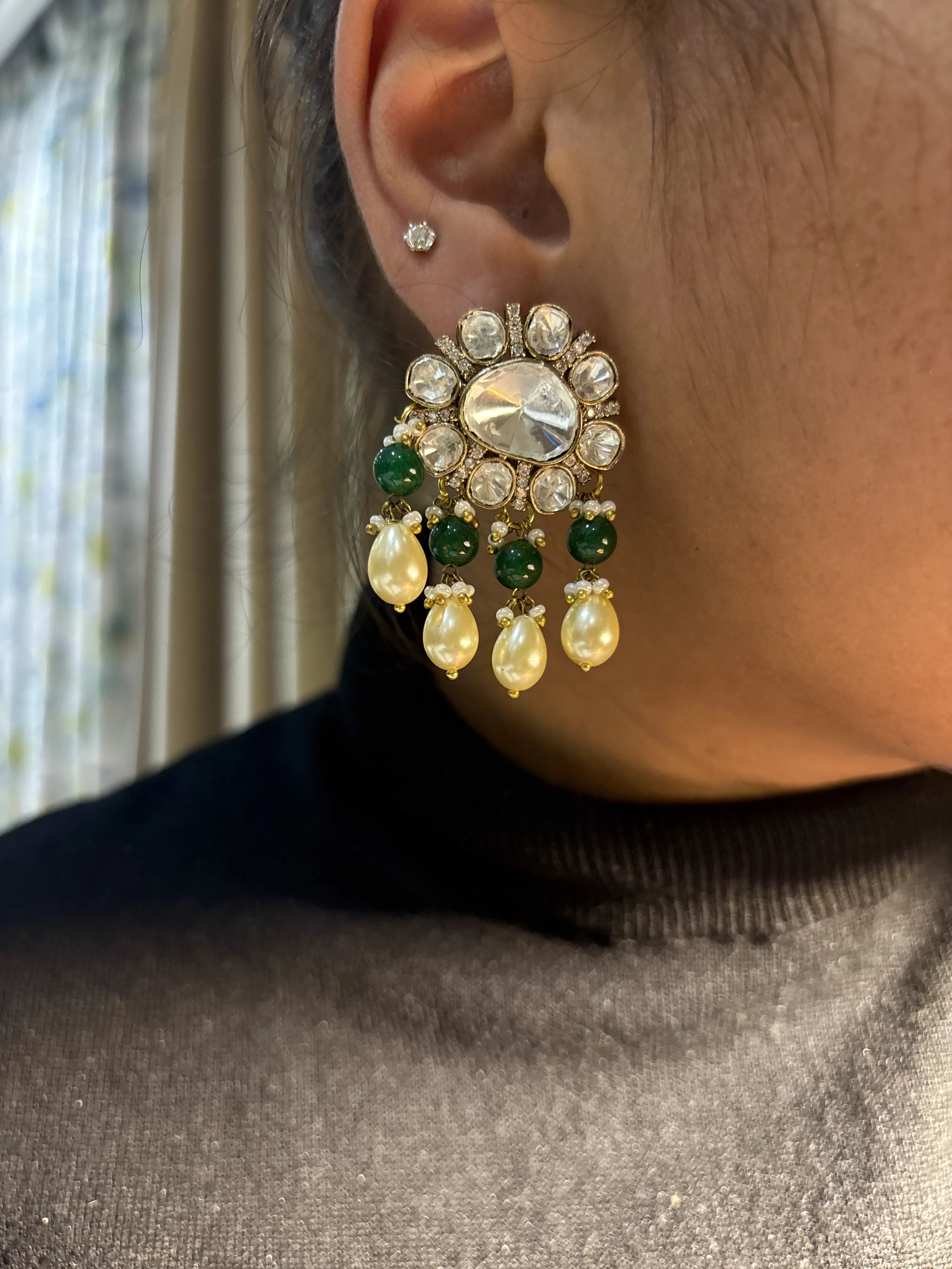 Ruh-e-Noor Polki Earring With Beads